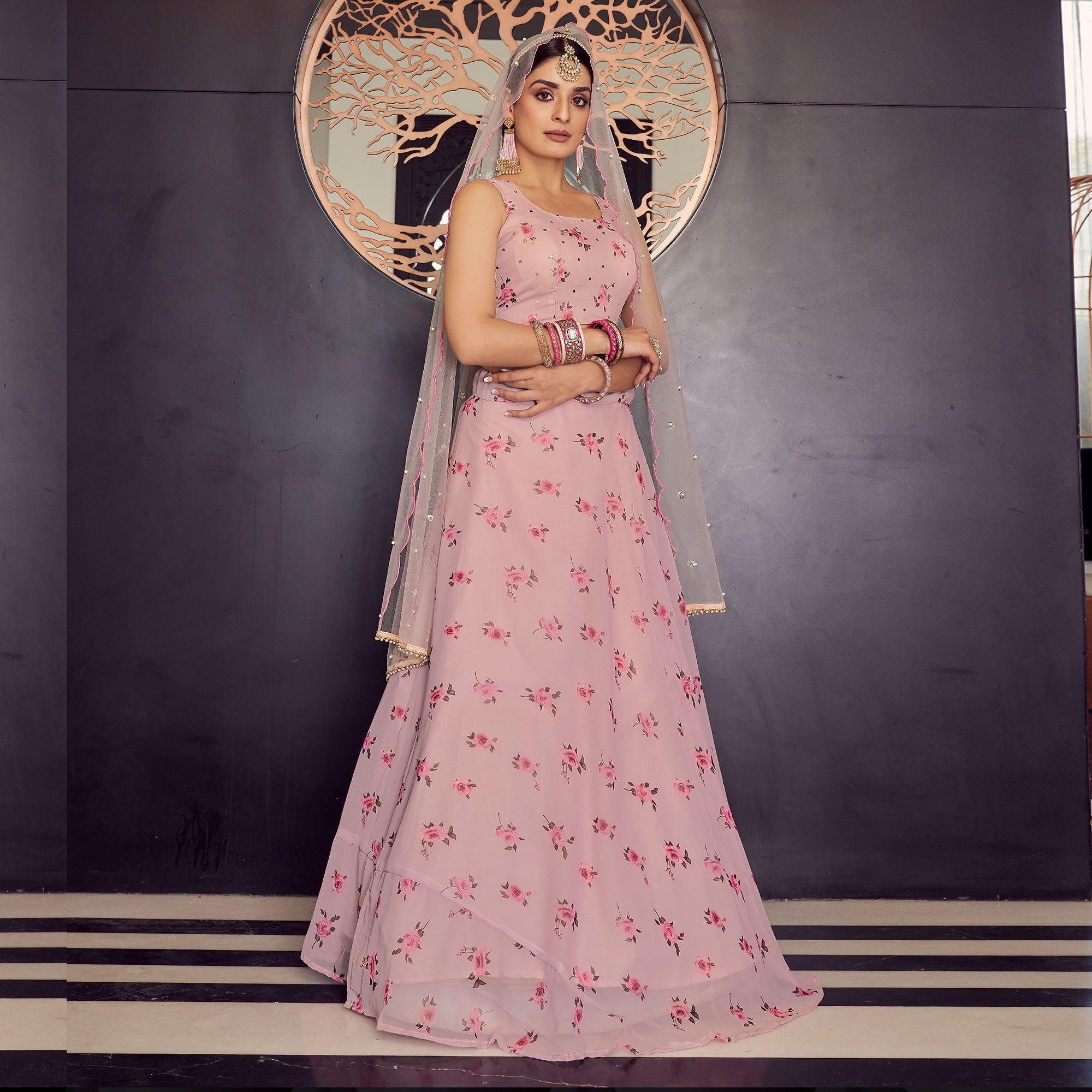 Pink Floral Printed Georgette Lehenga Choli - Peachmode