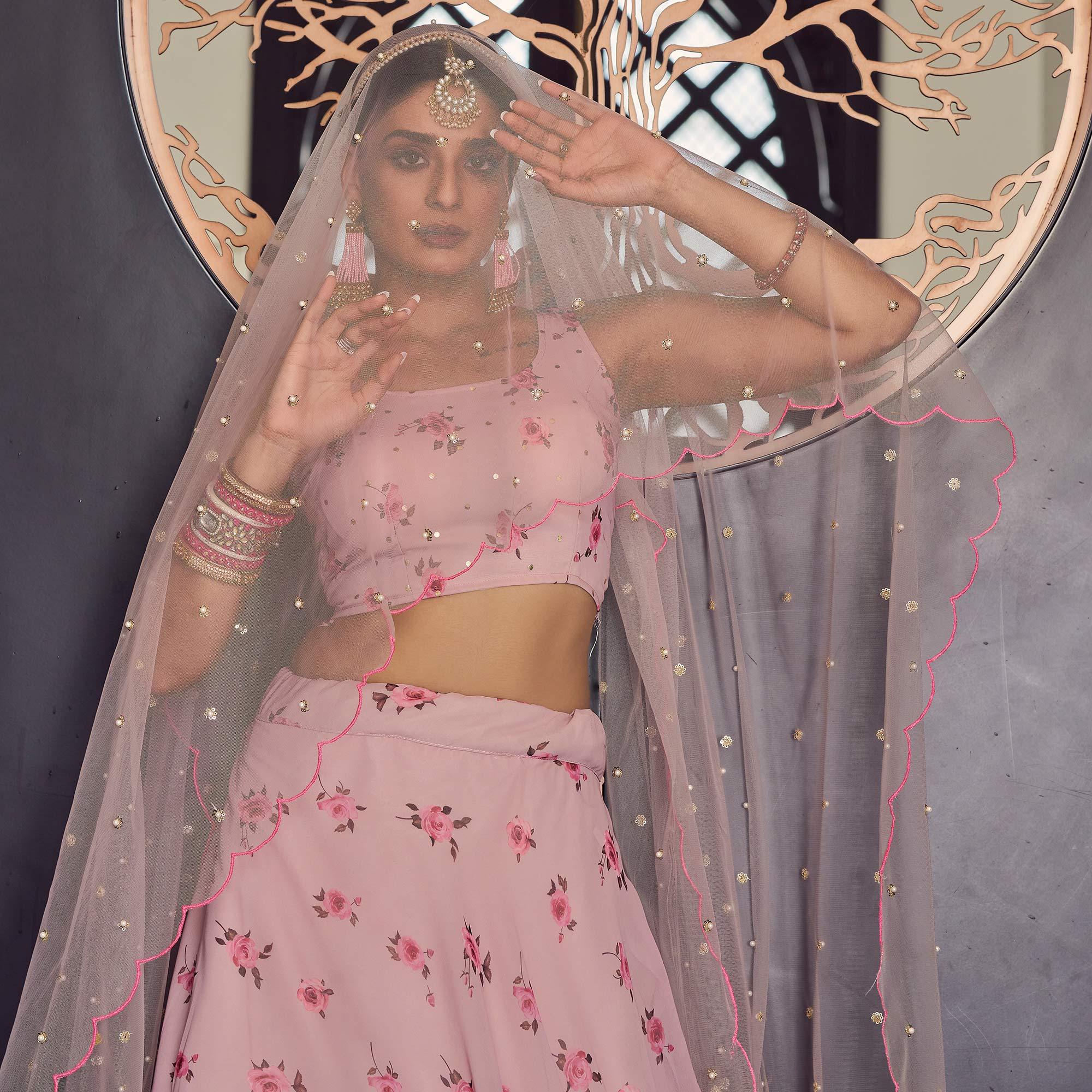 Pink Floral Printed Georgette Lehenga Choli - Peachmode