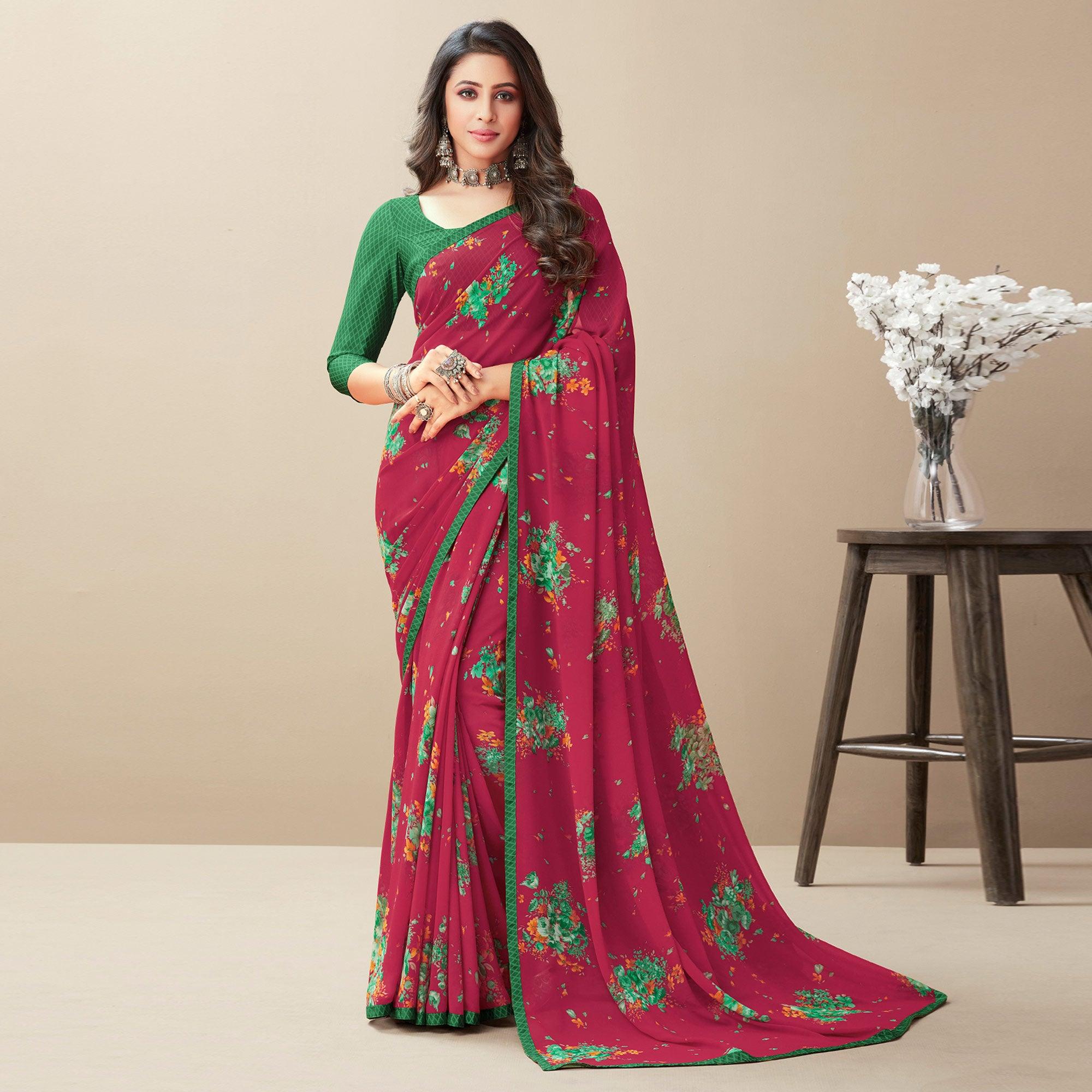 Pink Floral Printed Georgette Saree - Peachmode