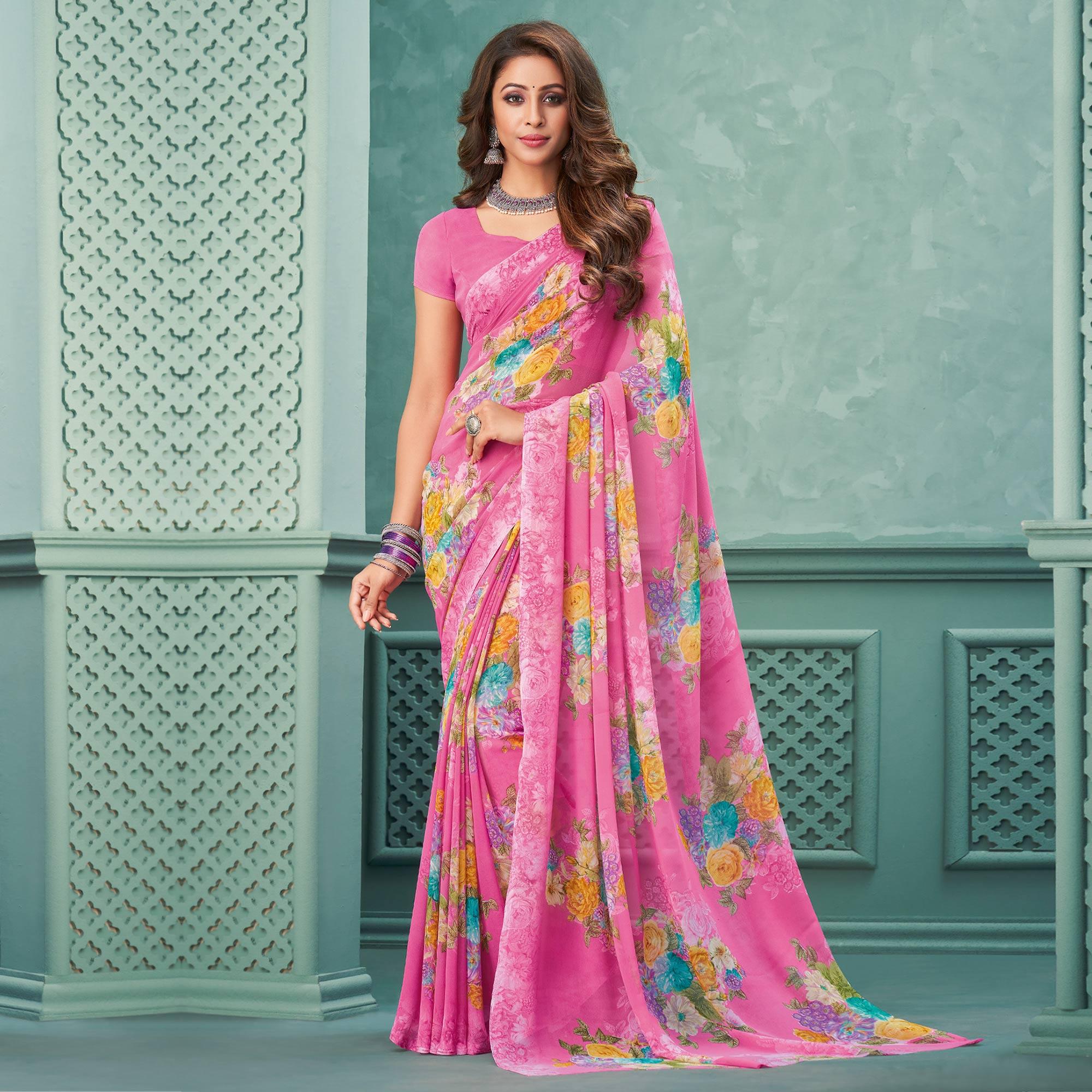 Pink Floral Printed Georgette Saree - Peachmode