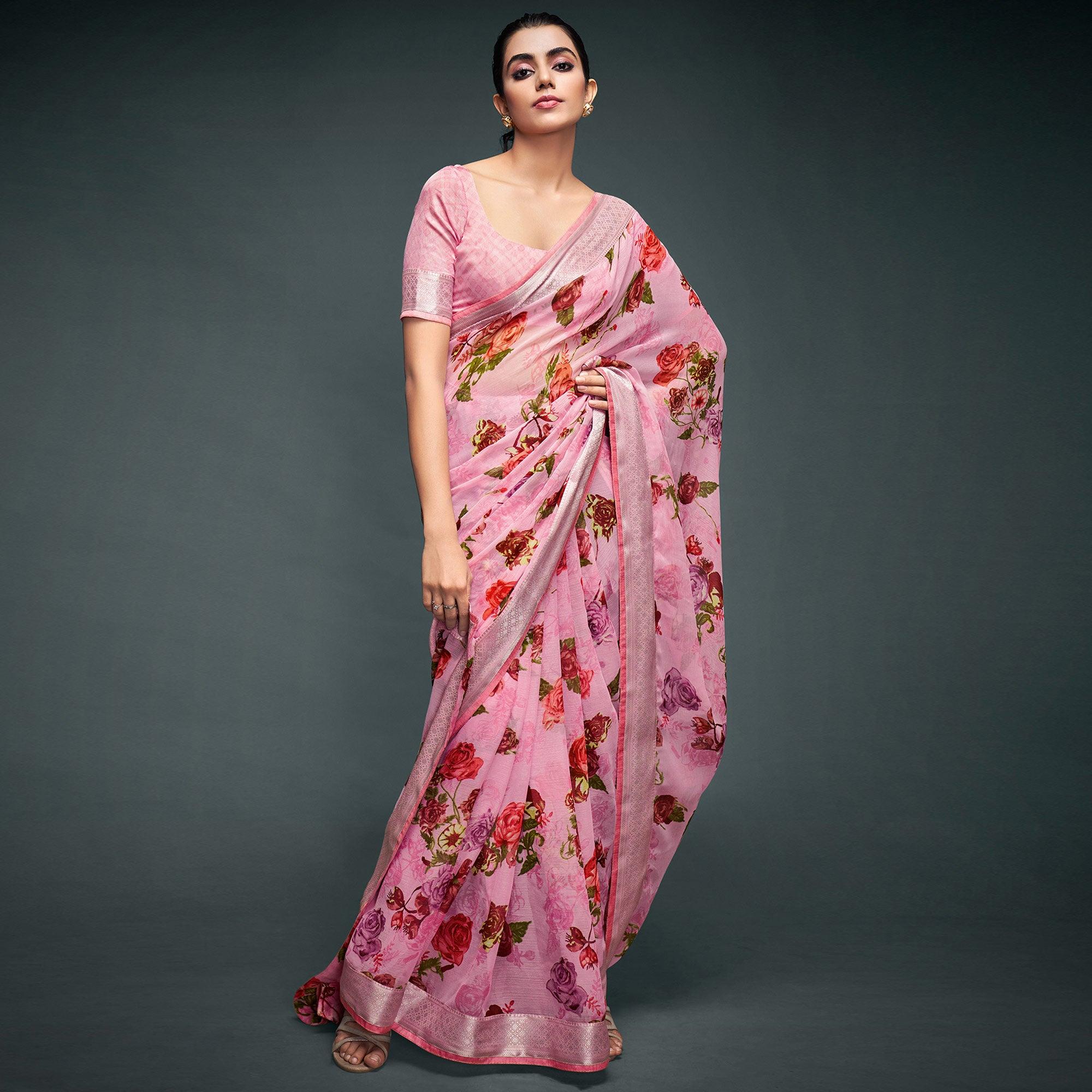Pink Floral Printed Georgette Saree - Peachmode