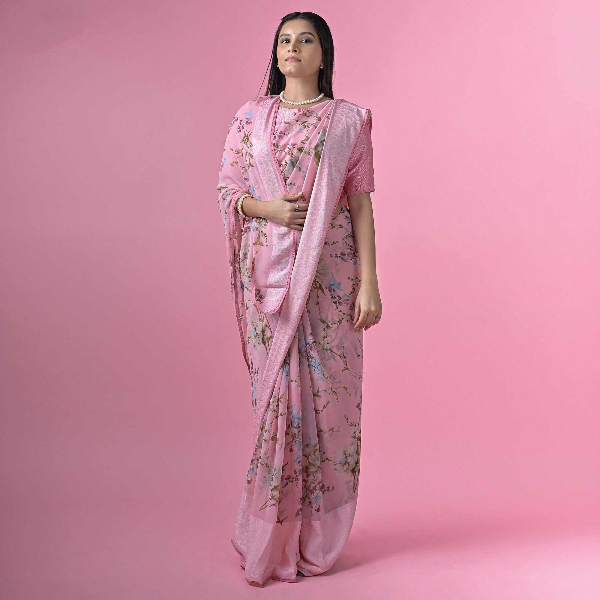 Pink Floral Printed Georgette Saree - Peachmode