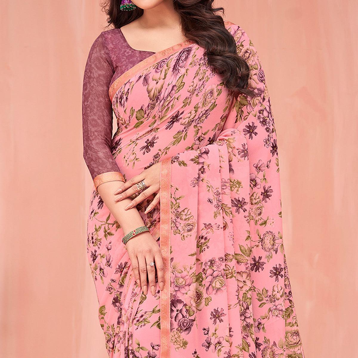 Pink Floral Printed Georgette Saree - Peachmode