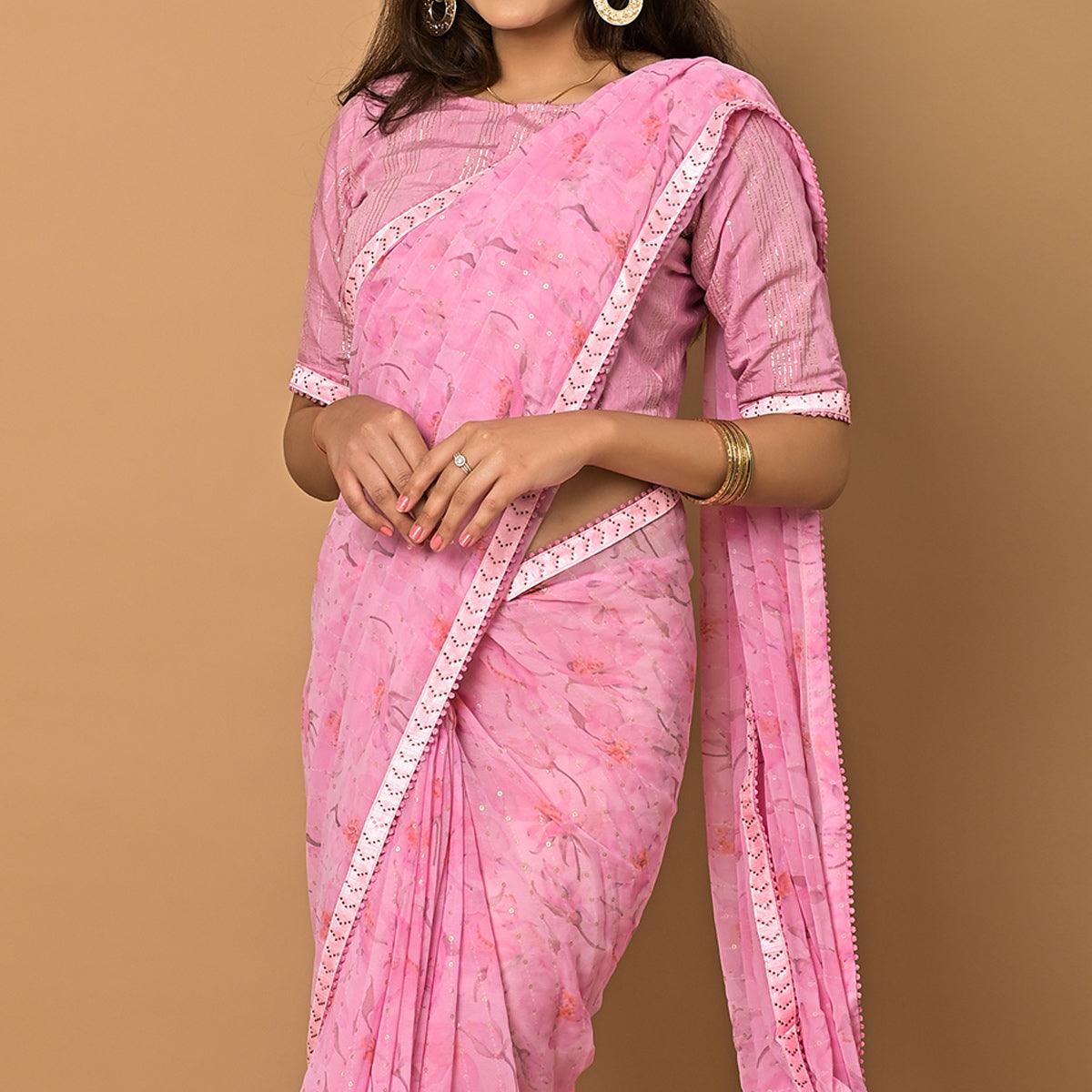 Pink Floral Printed Georgette Saree - Peachmode