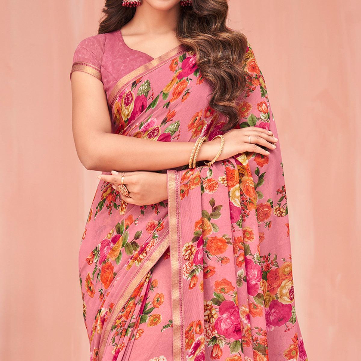 Pink Floral Printed Georgette Saree - Peachmode