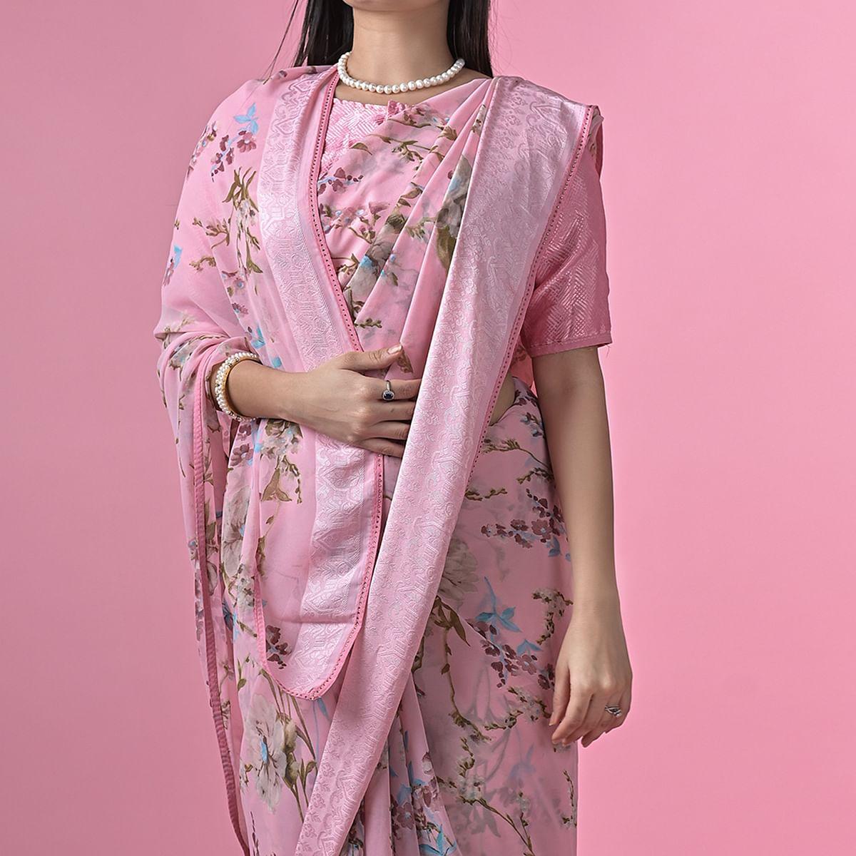 Pink Floral Printed Georgette Saree - Peachmode
