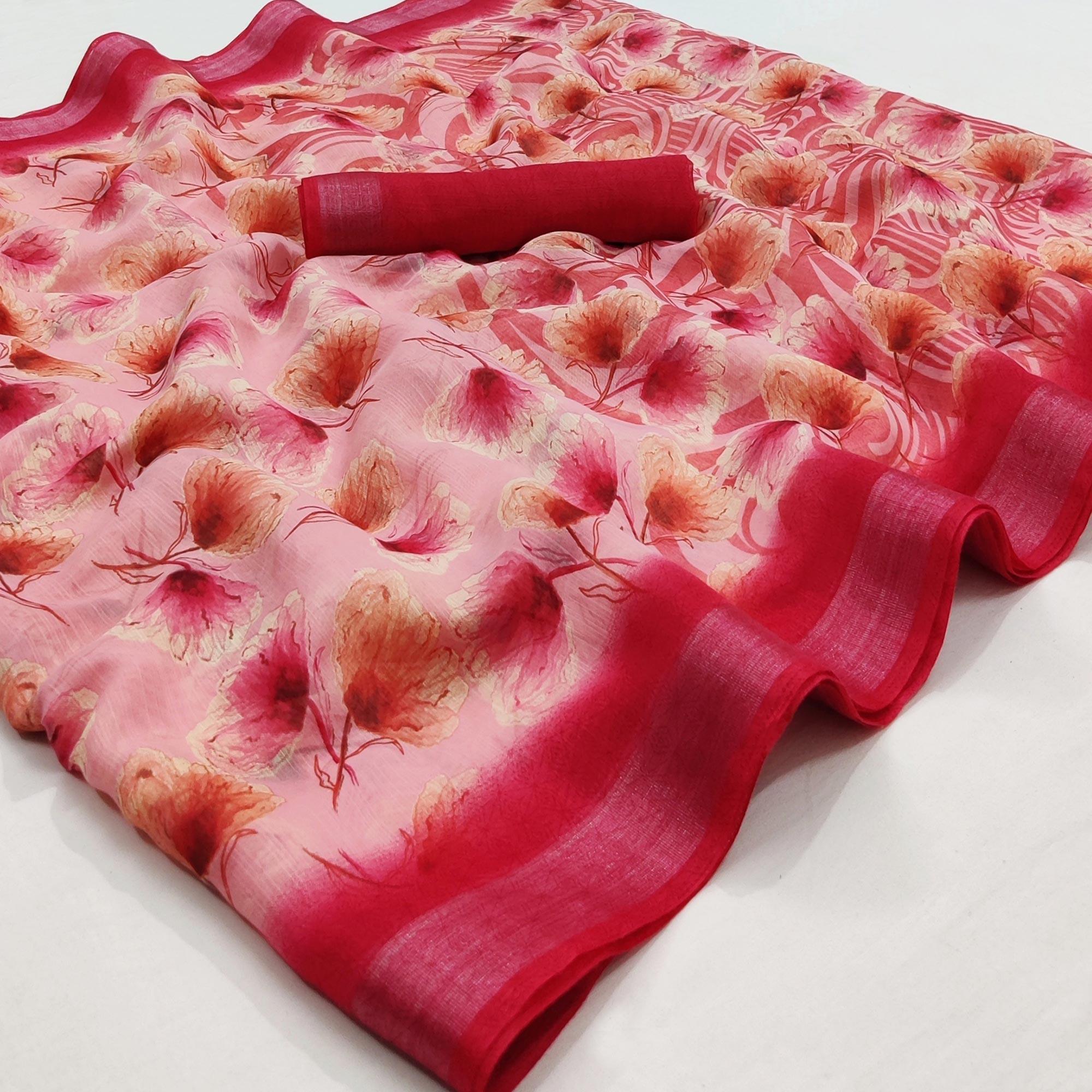 Pink Floral Printed Linen Saree - Peachmode
