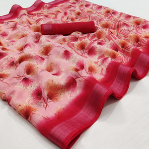 Pink Floral Printed Linen Saree - Peachmode