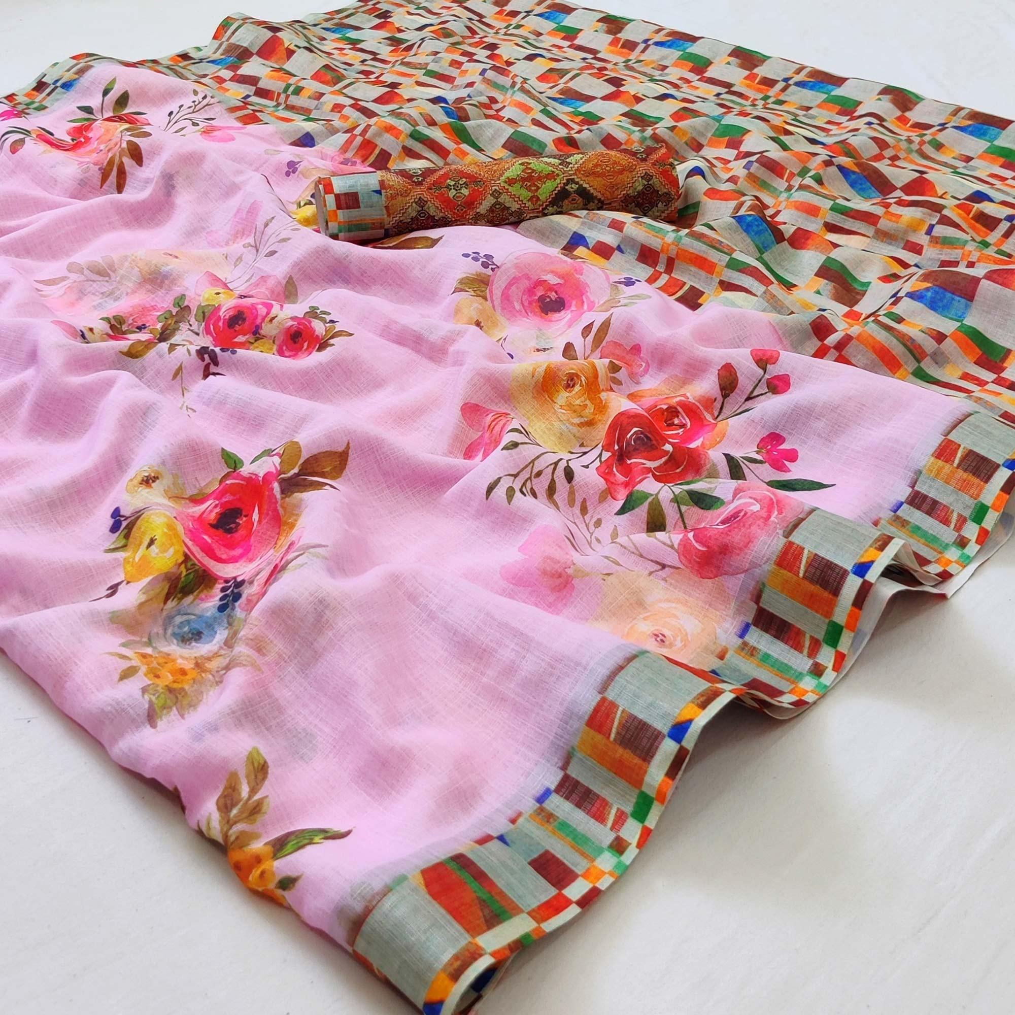 Pink Floral Printed Linen Saree - Peachmode