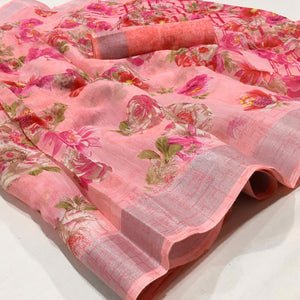 Pink Floral Printed Linen Saree - Peachmode