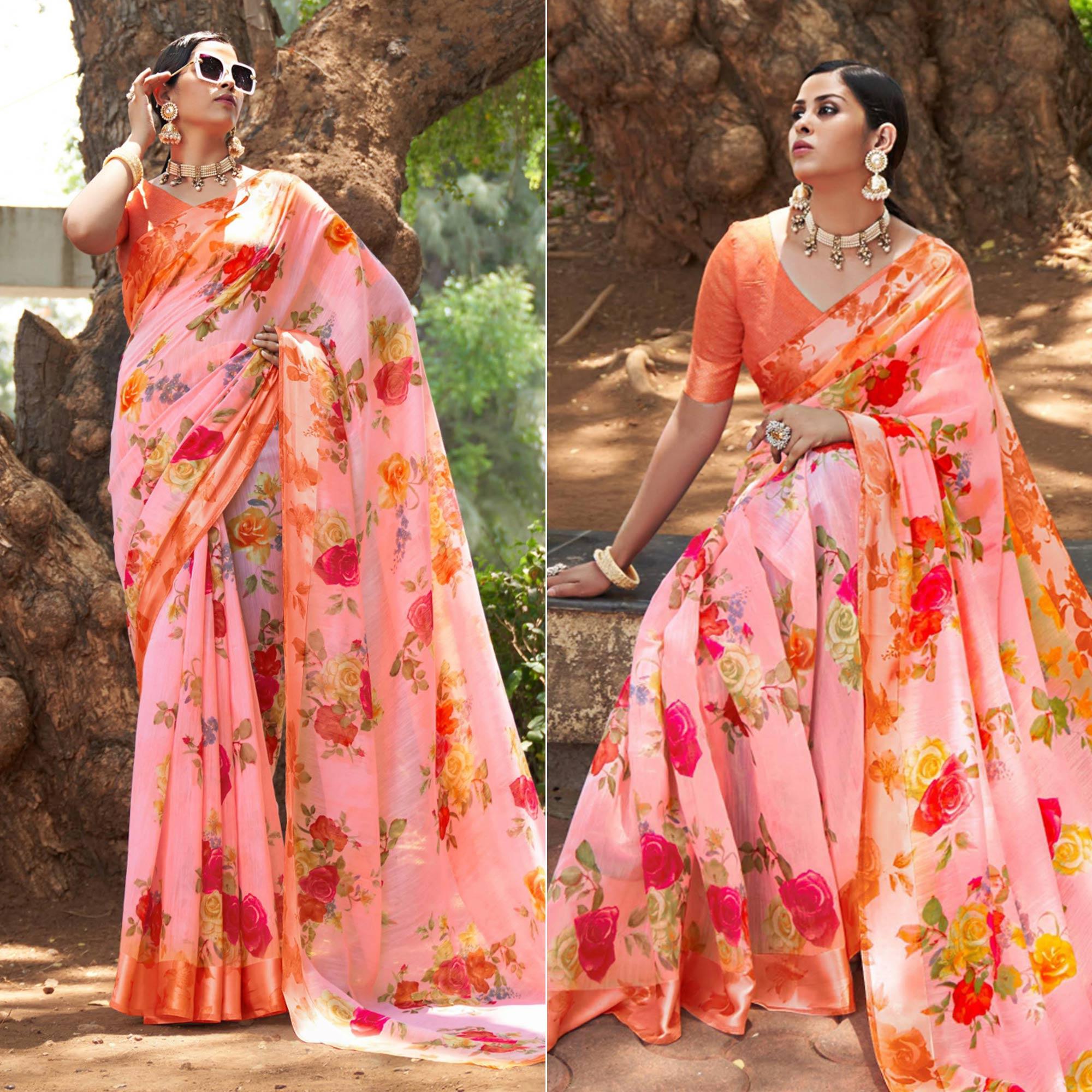 Pink Floral Printed Linen Saree - Peachmode