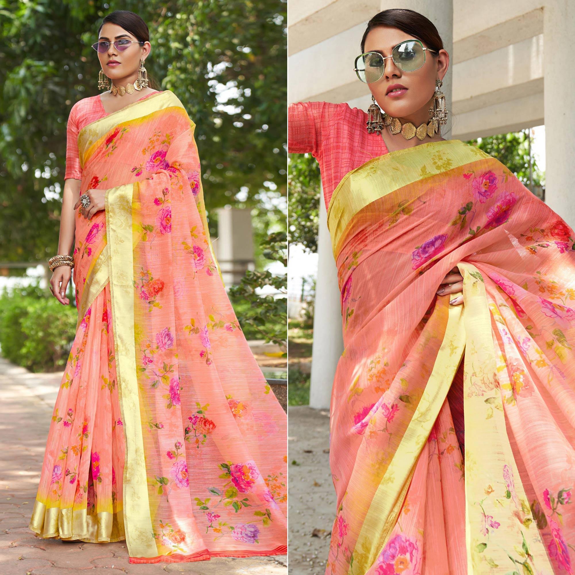 Pink Floral Printed Linen Saree - Peachmode