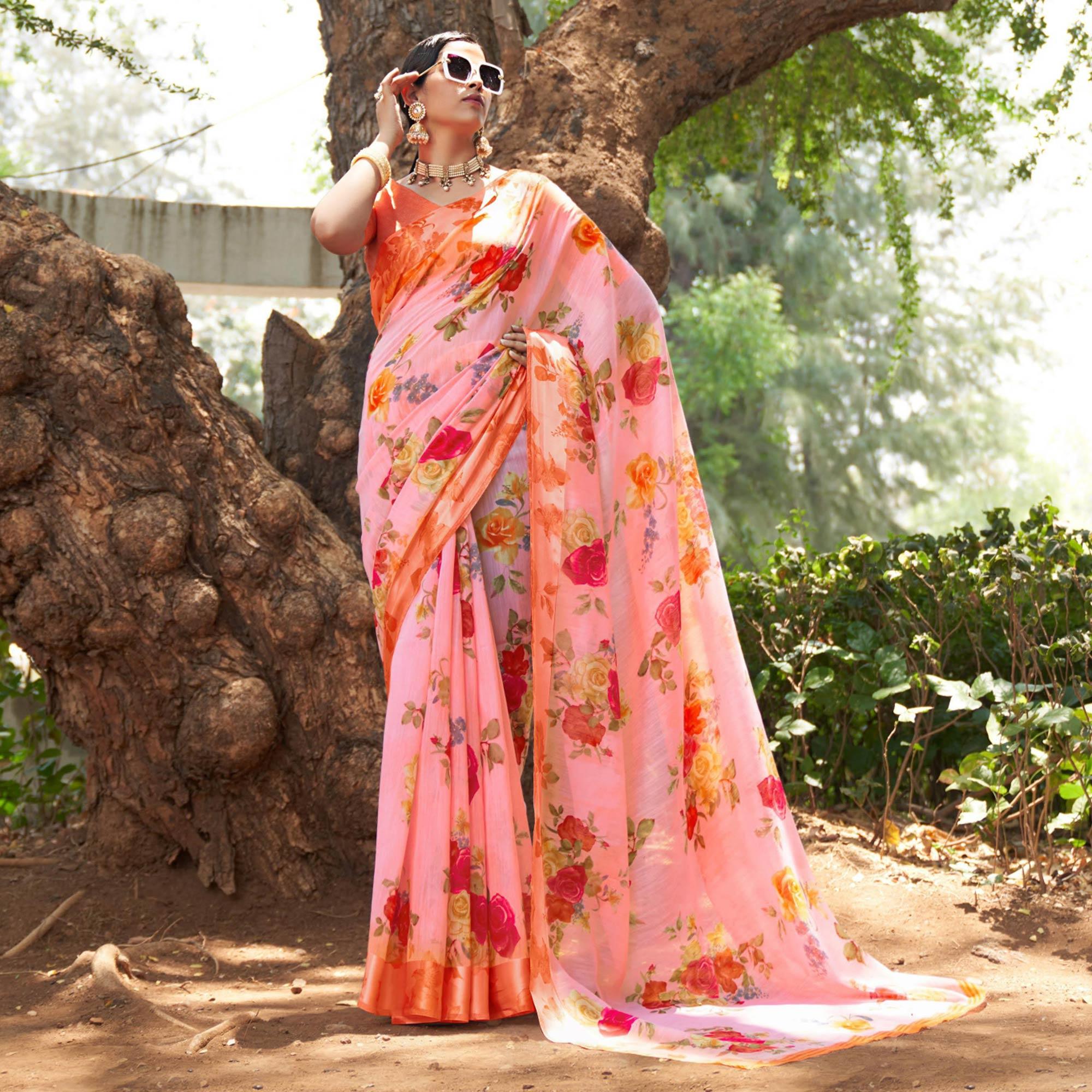 Pink Floral Printed Linen Saree - Peachmode