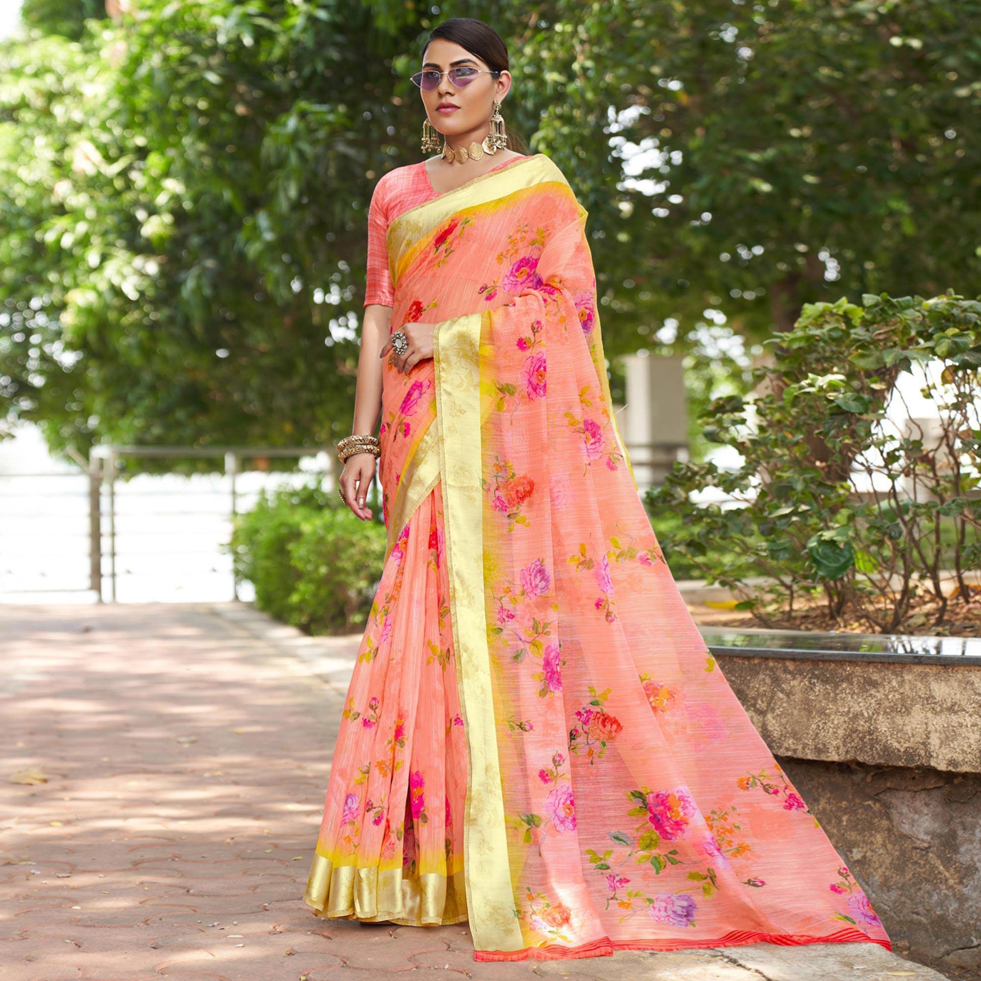 Pink Floral Printed Linen Saree - Peachmode