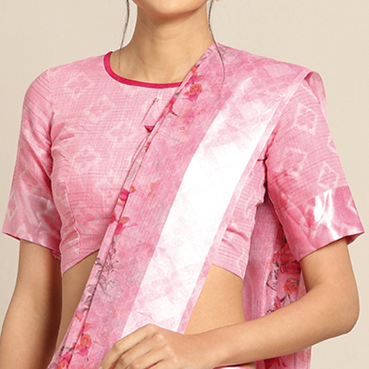 Pink Floral Printed Linen Saree - Peachmode