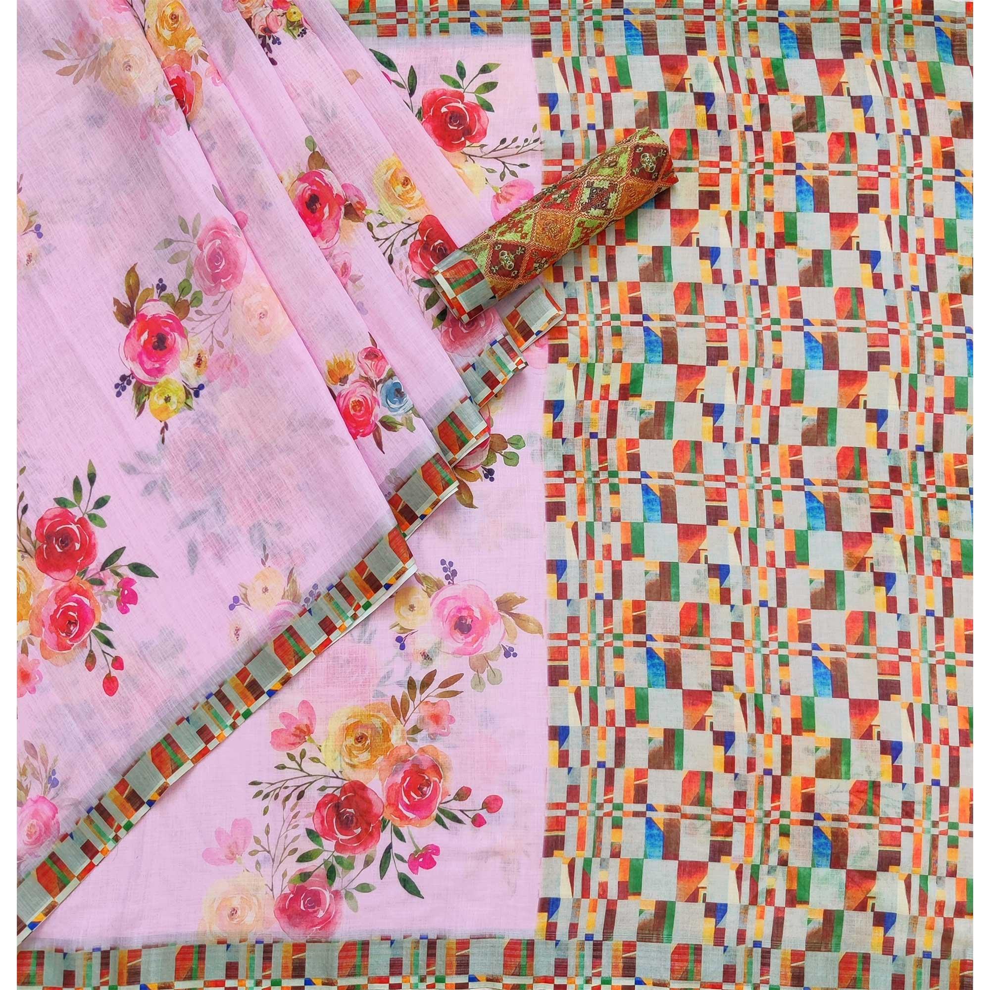 Pink Floral Printed Linen Saree - Peachmode