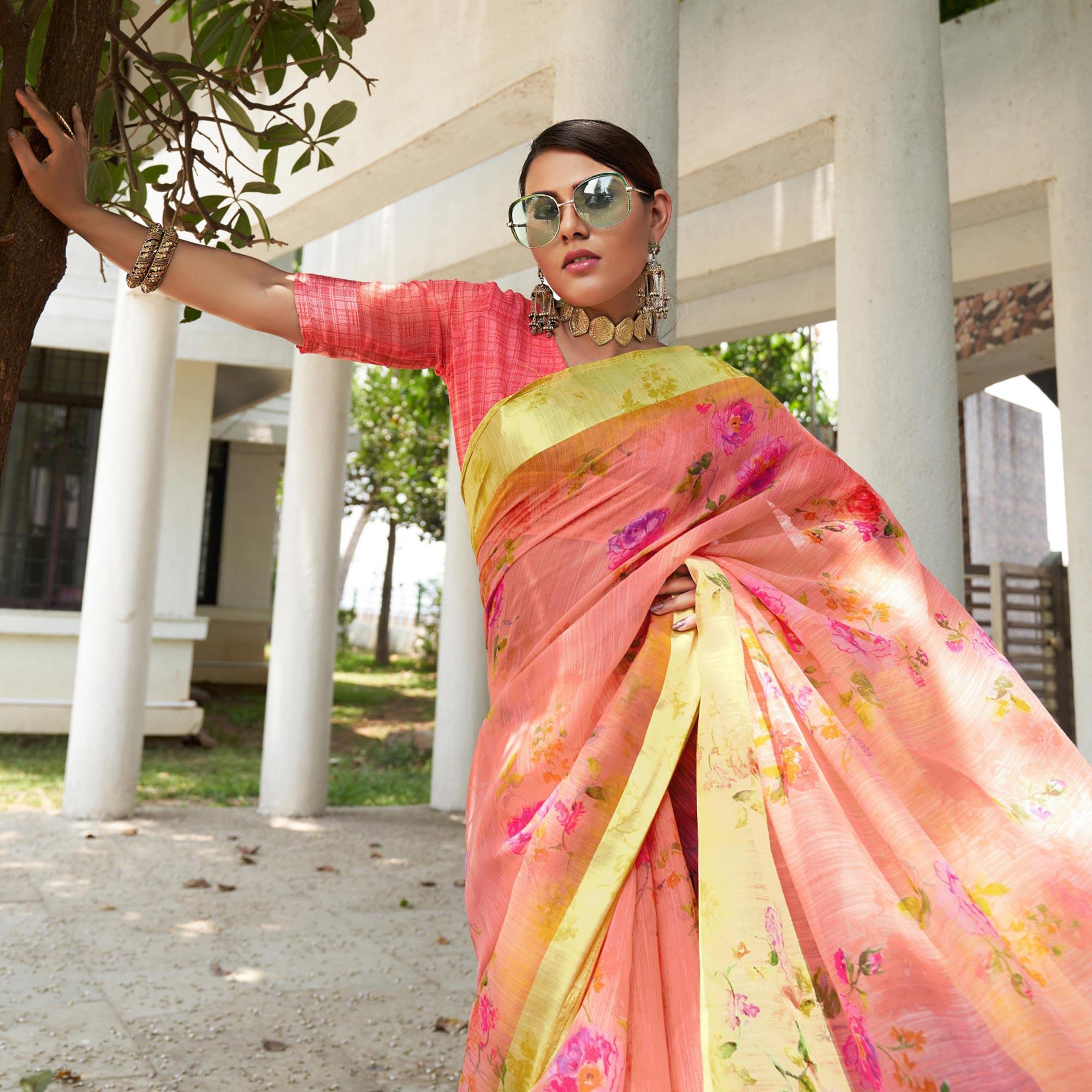Pink Floral Printed Linen Saree - Peachmode
