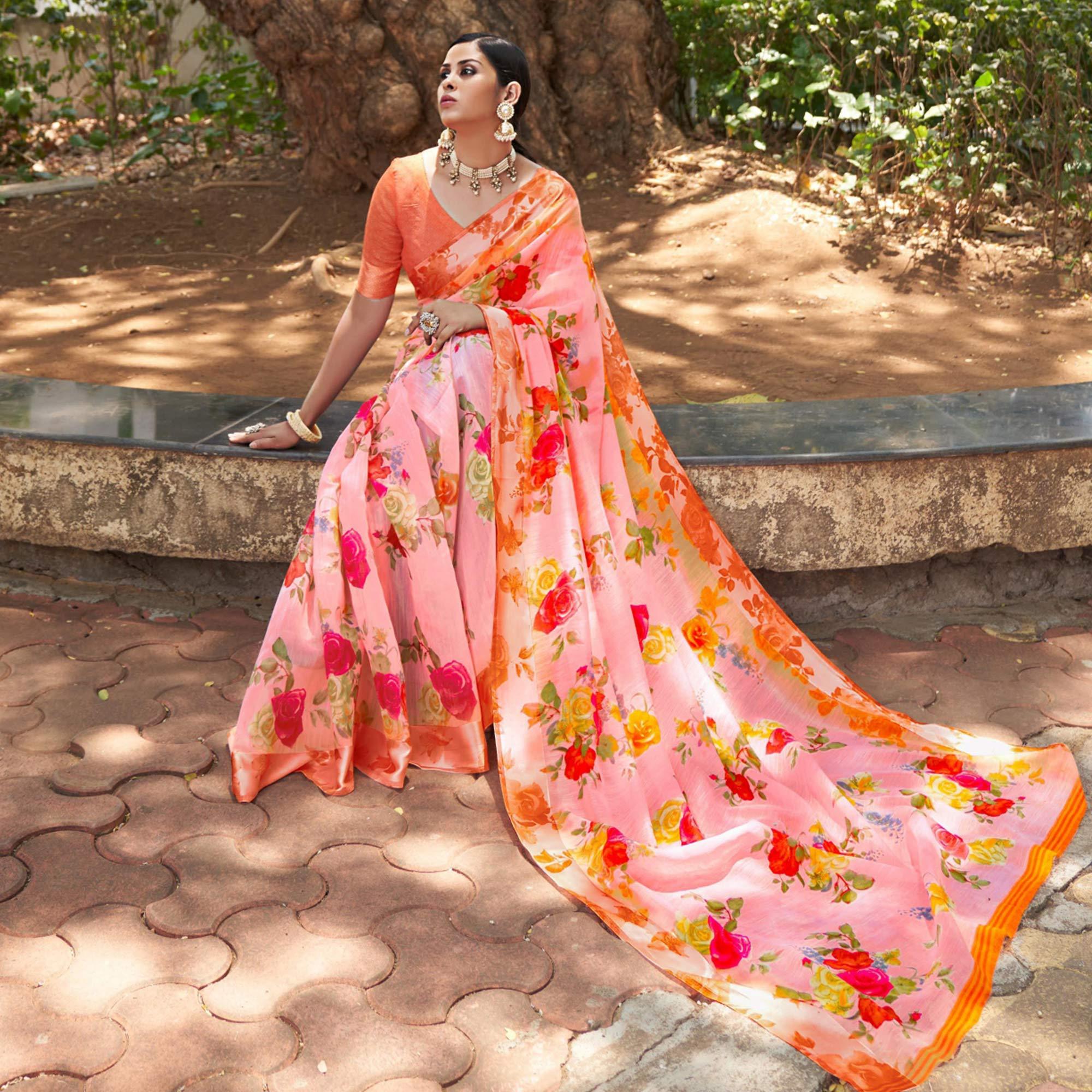 Pink Floral Printed Linen Saree - Peachmode