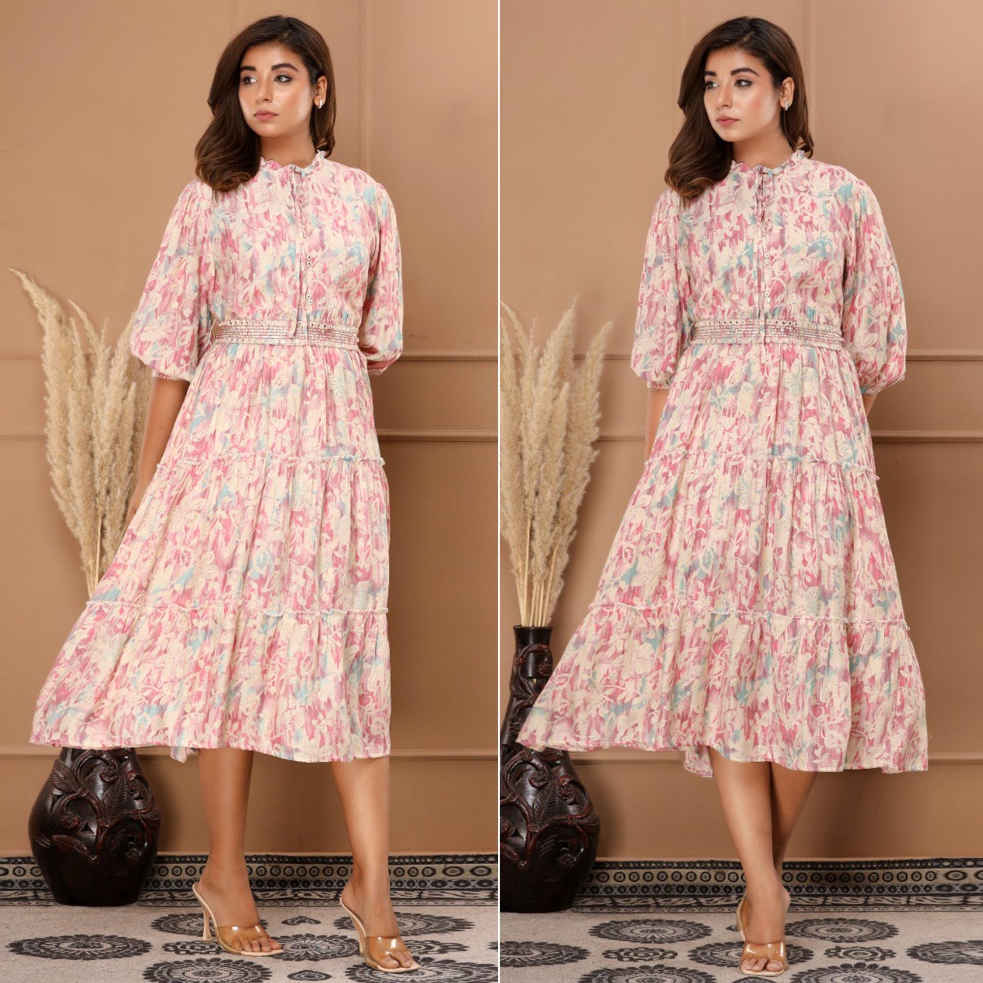 Pink Floral Printed Muslin Dress - Peachmode