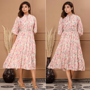 Pink Floral Printed Muslin Dress - Peachmode