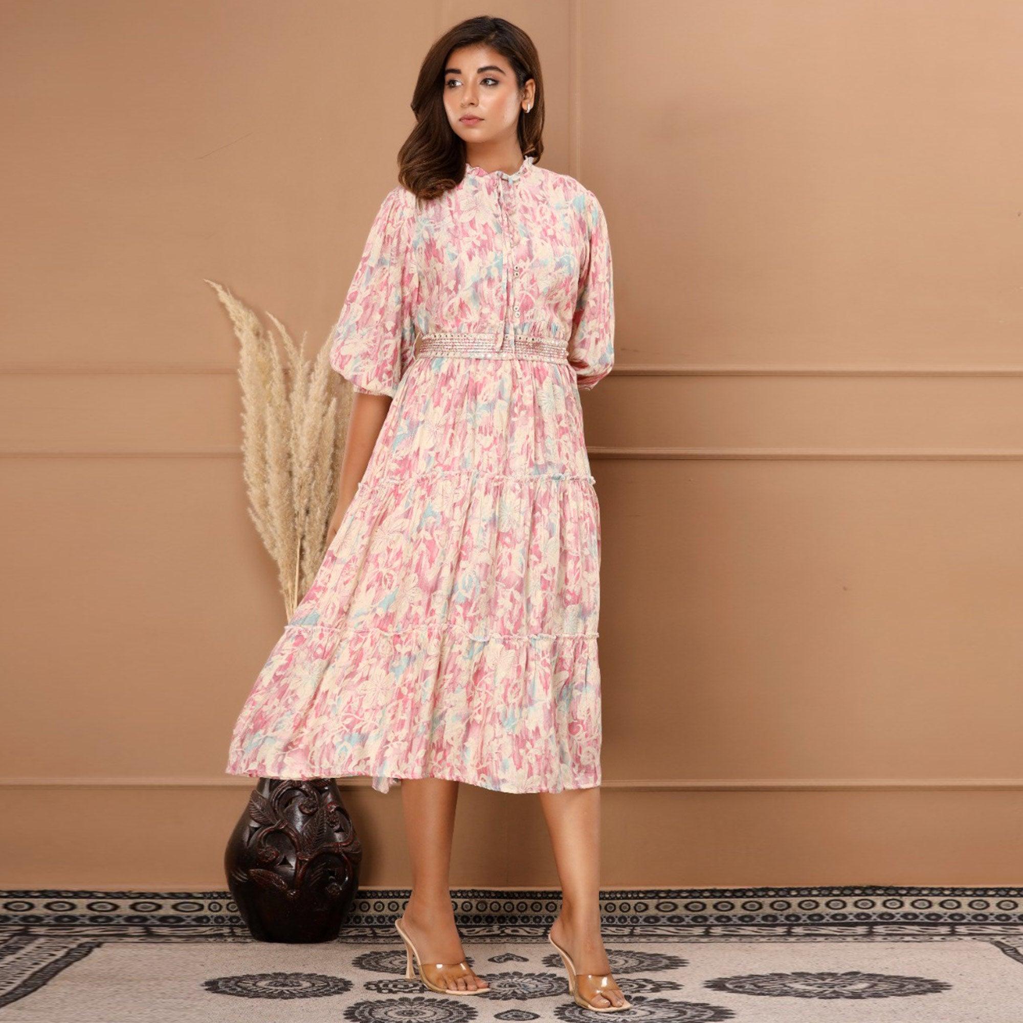 Pink Floral Printed Muslin Dress - Peachmode