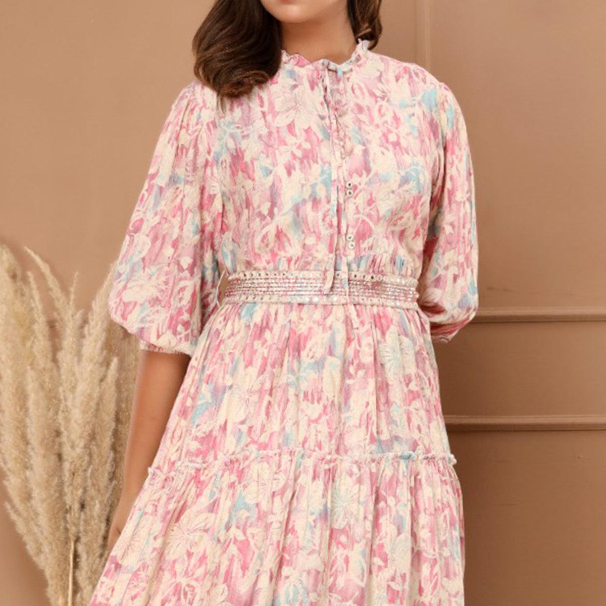 Pink Floral Printed Muslin Dress - Peachmode