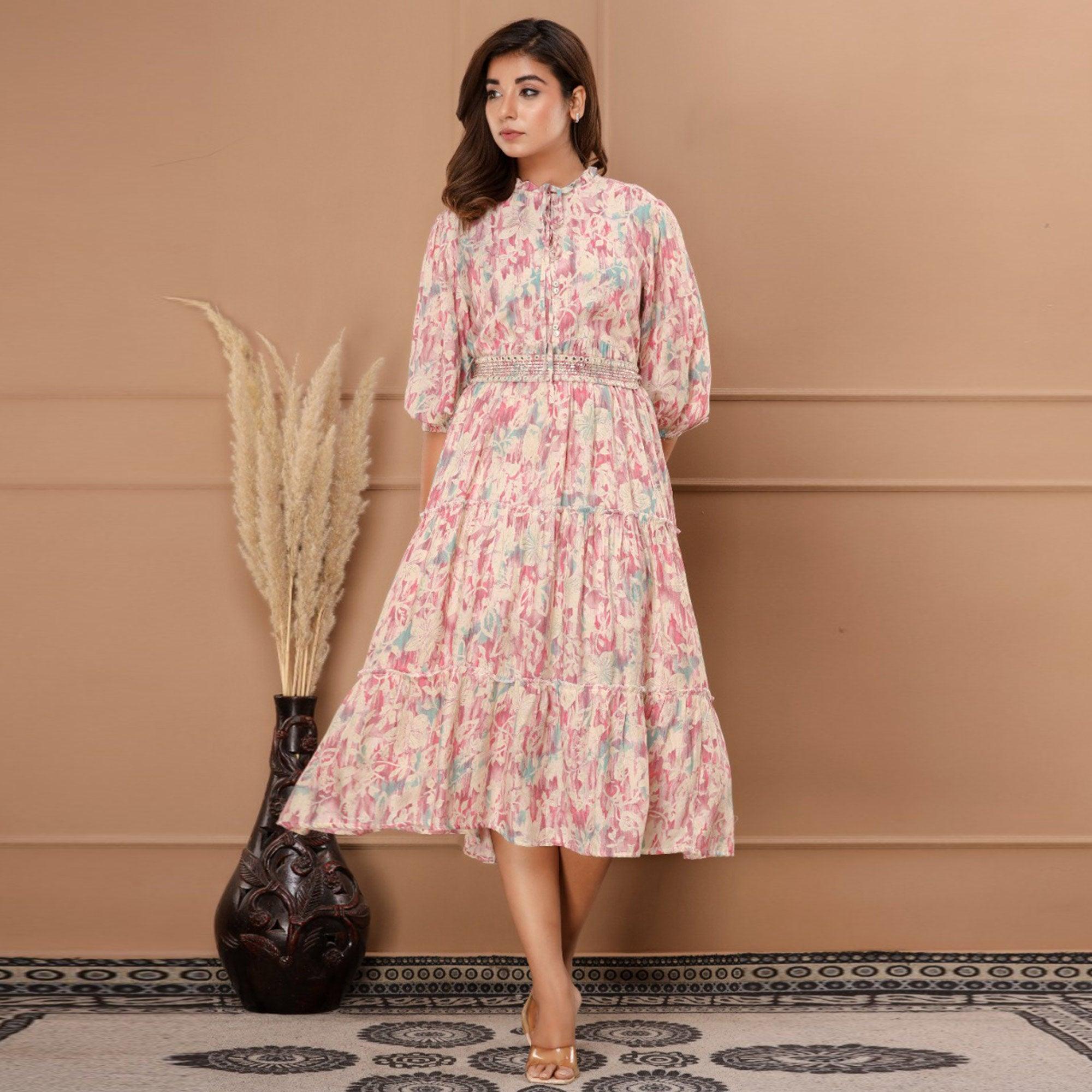 Pink Floral Printed Muslin Dress - Peachmode