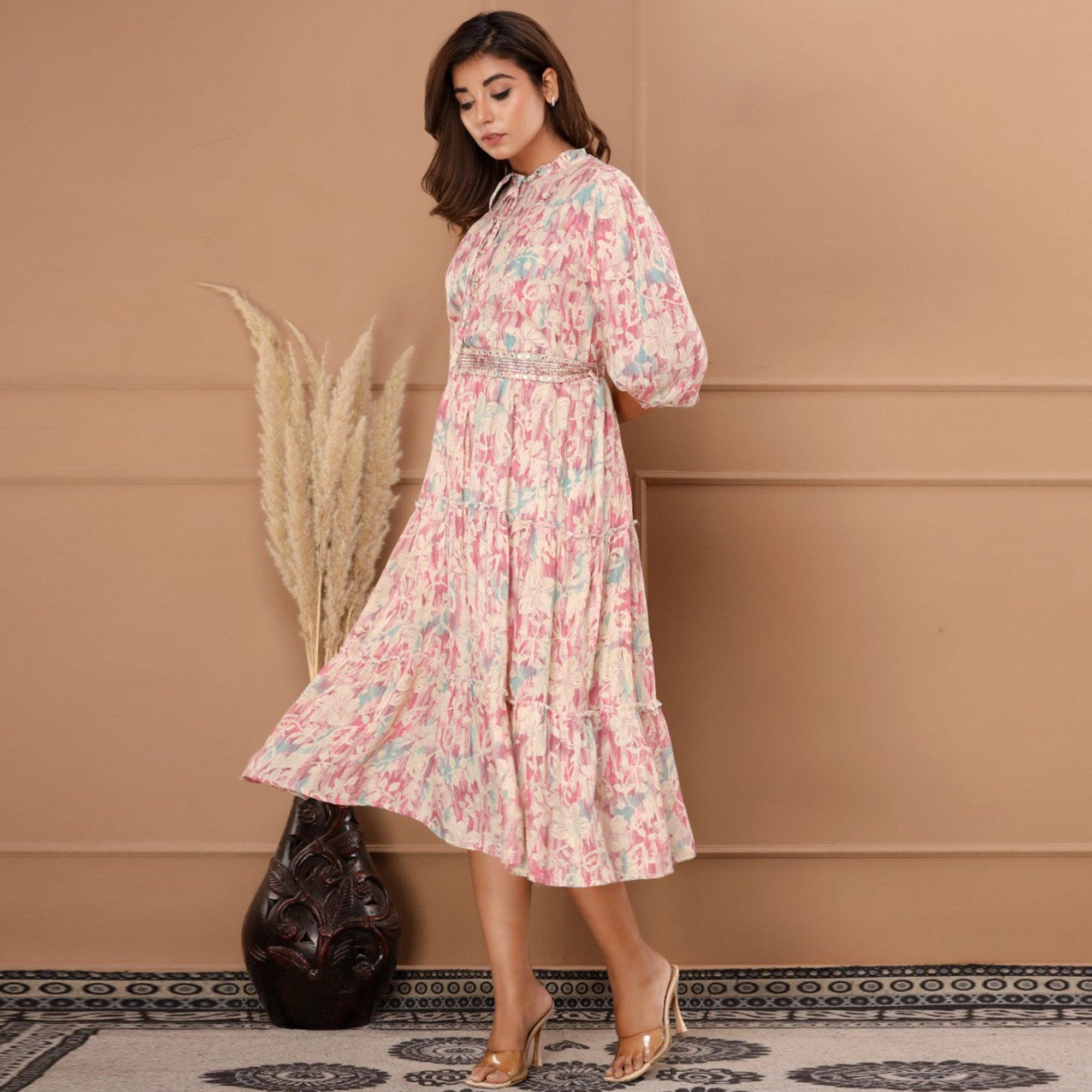 Pink Floral Printed Muslin Dress - Peachmode