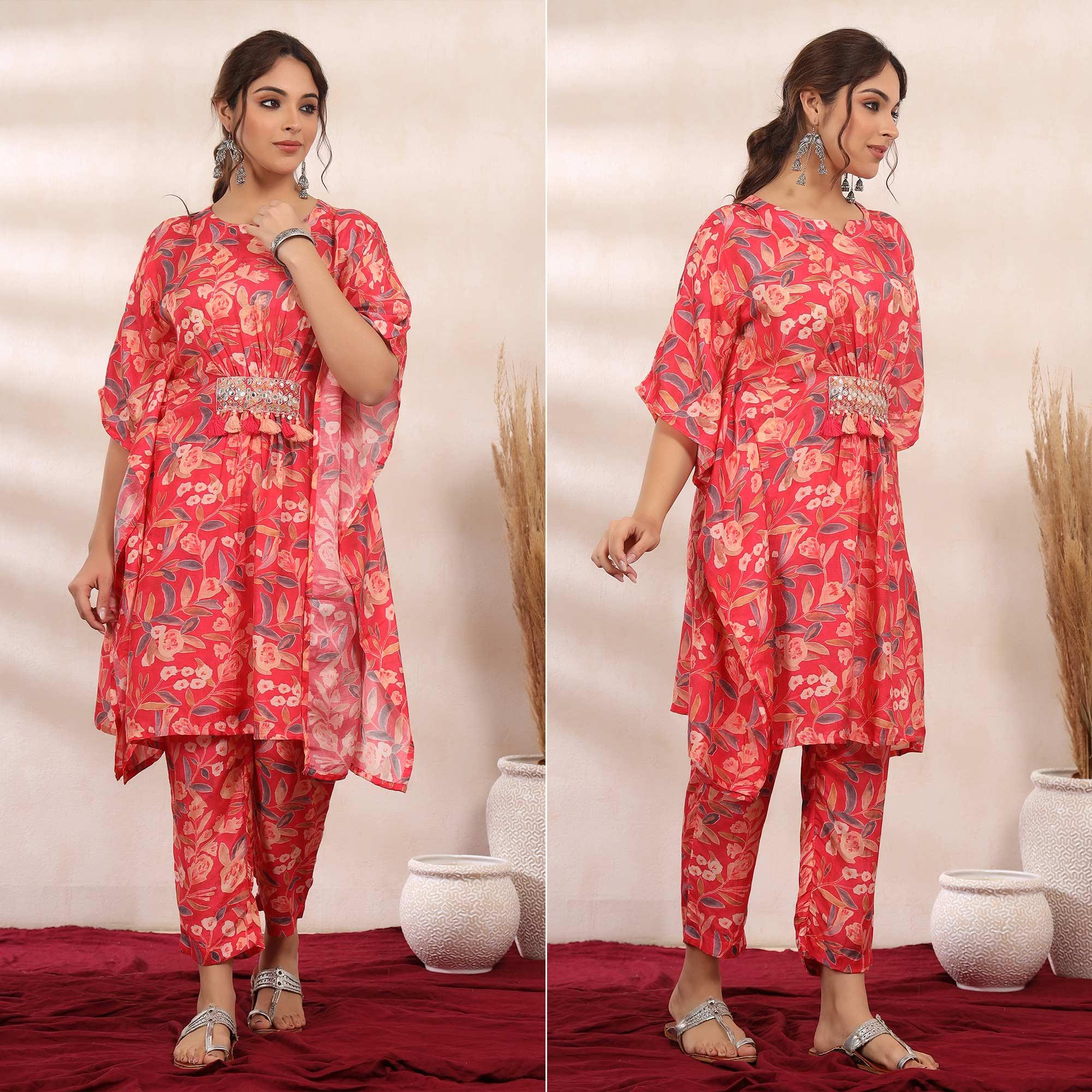 Pink Floral Printed Muslin Kaftan Pant Set - Peachmode