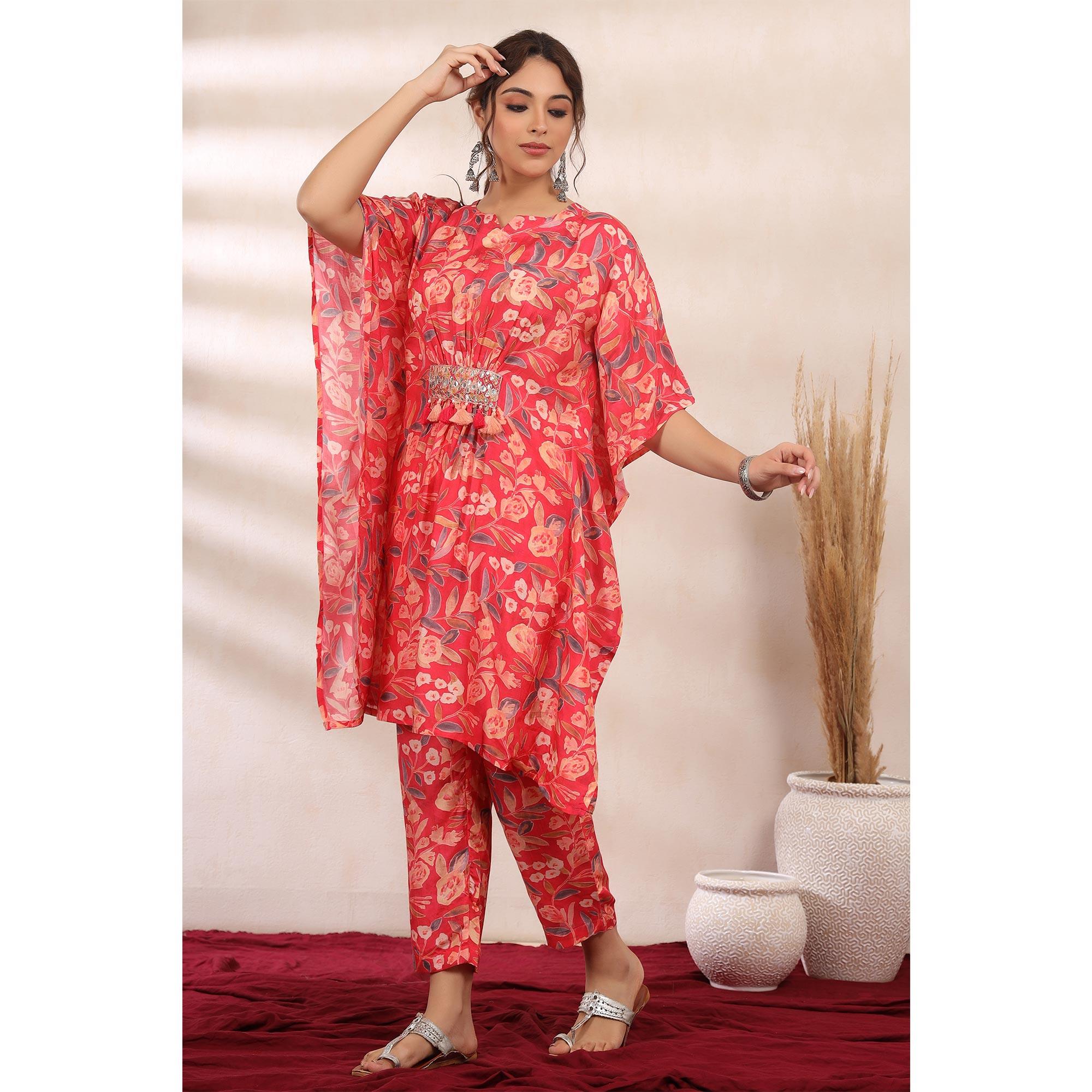 Pink Floral Printed Muslin Kaftan Pant Set - Peachmode