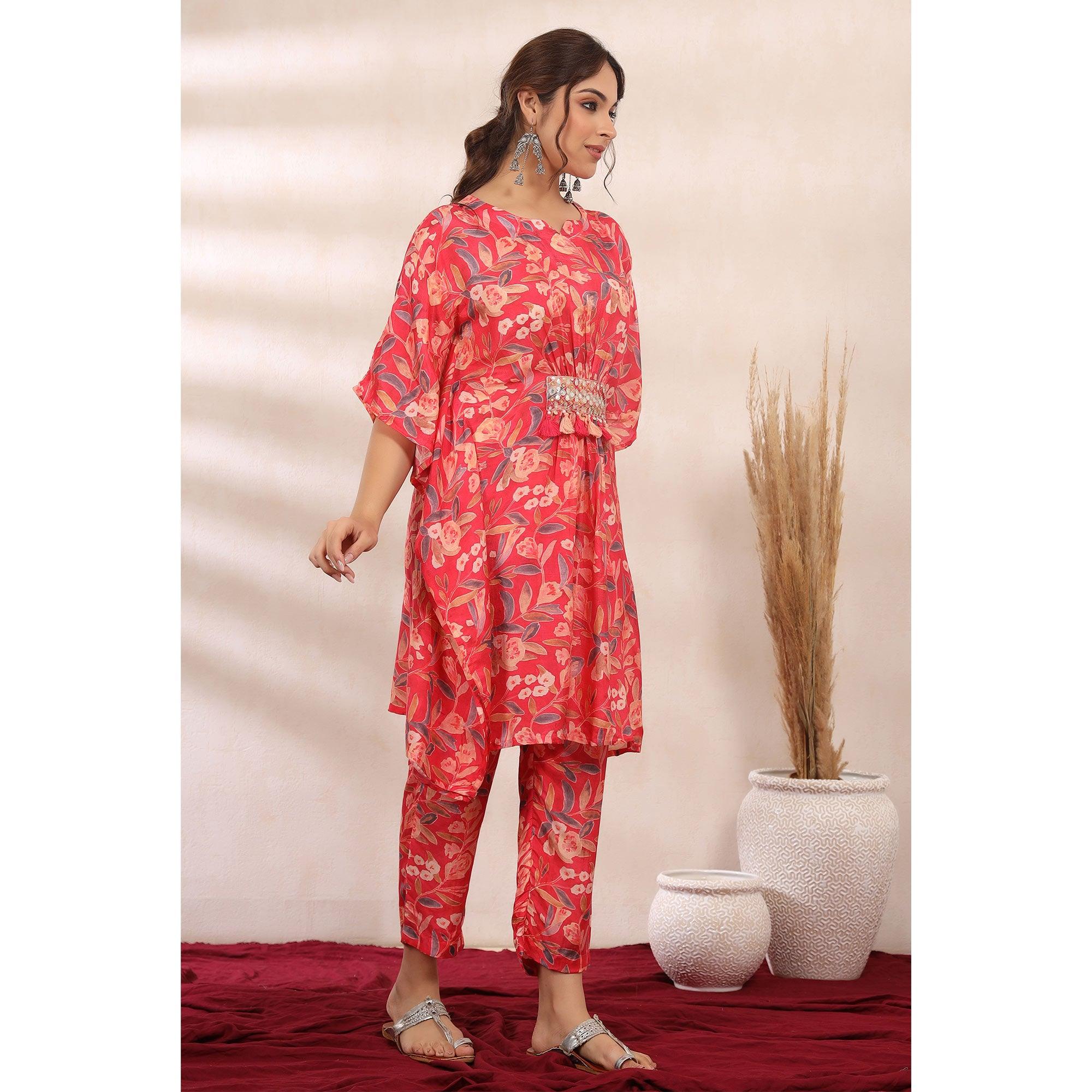 Pink Floral Printed Muslin Kaftan Pant Set - Peachmode