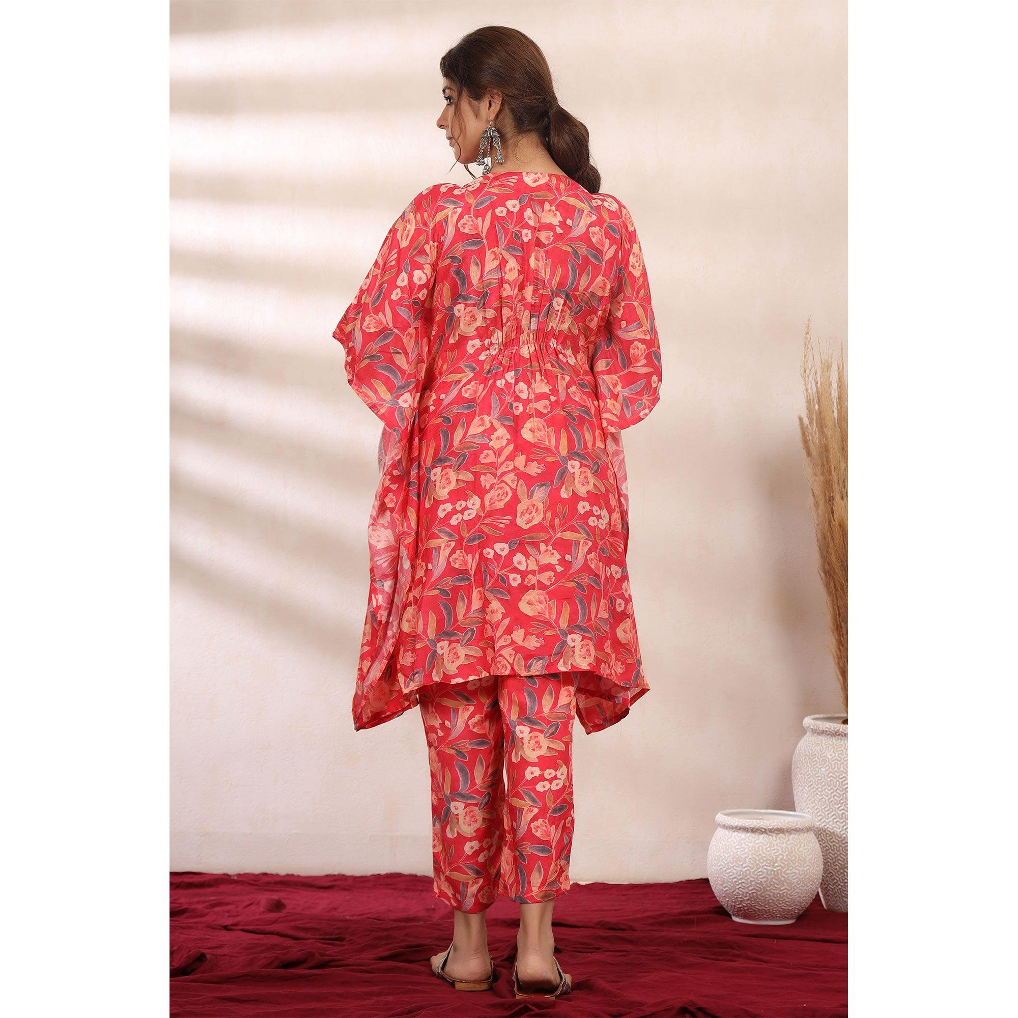Pink Floral Printed Muslin Kaftan Pant Set - Peachmode