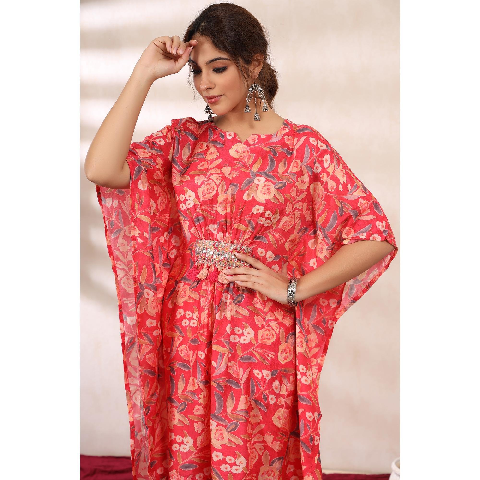 Pink Floral Printed Muslin Kaftan Pant Set - Peachmode