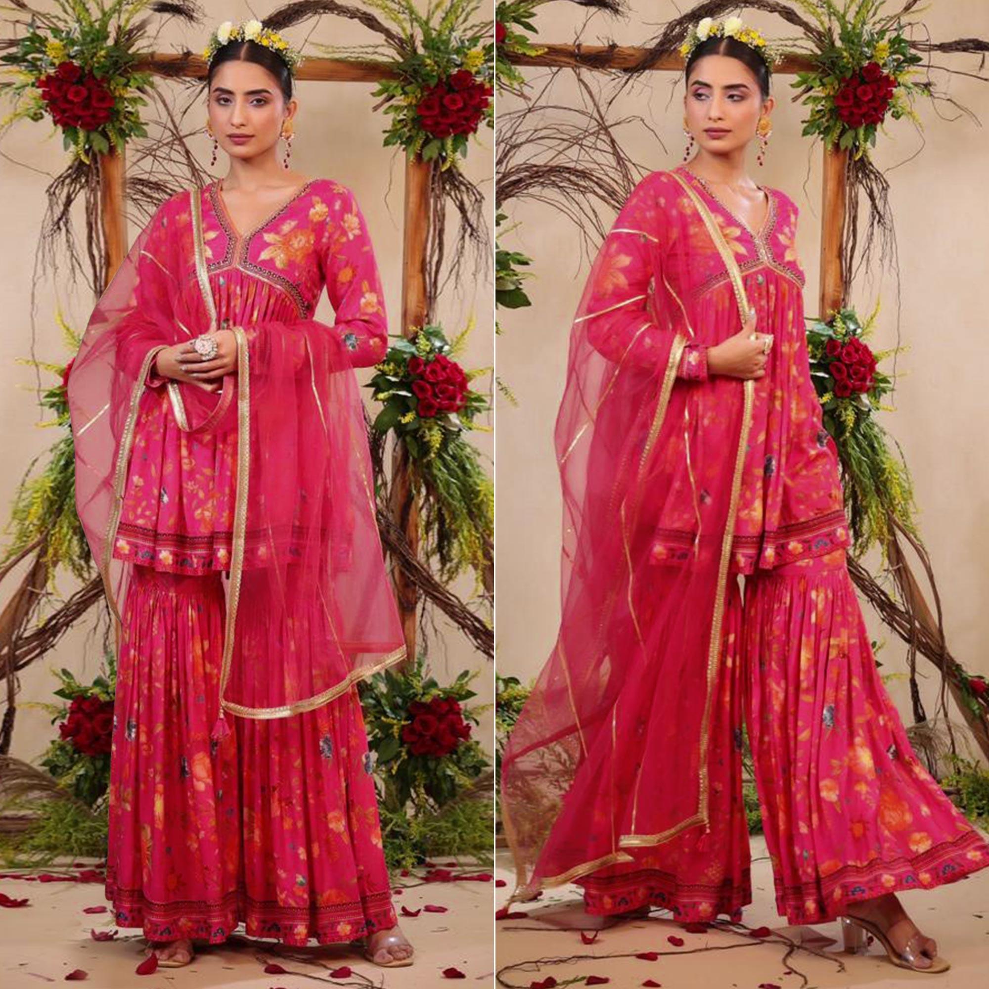 Pink Floral Printed Muslin Sharara Suit - Peachmode