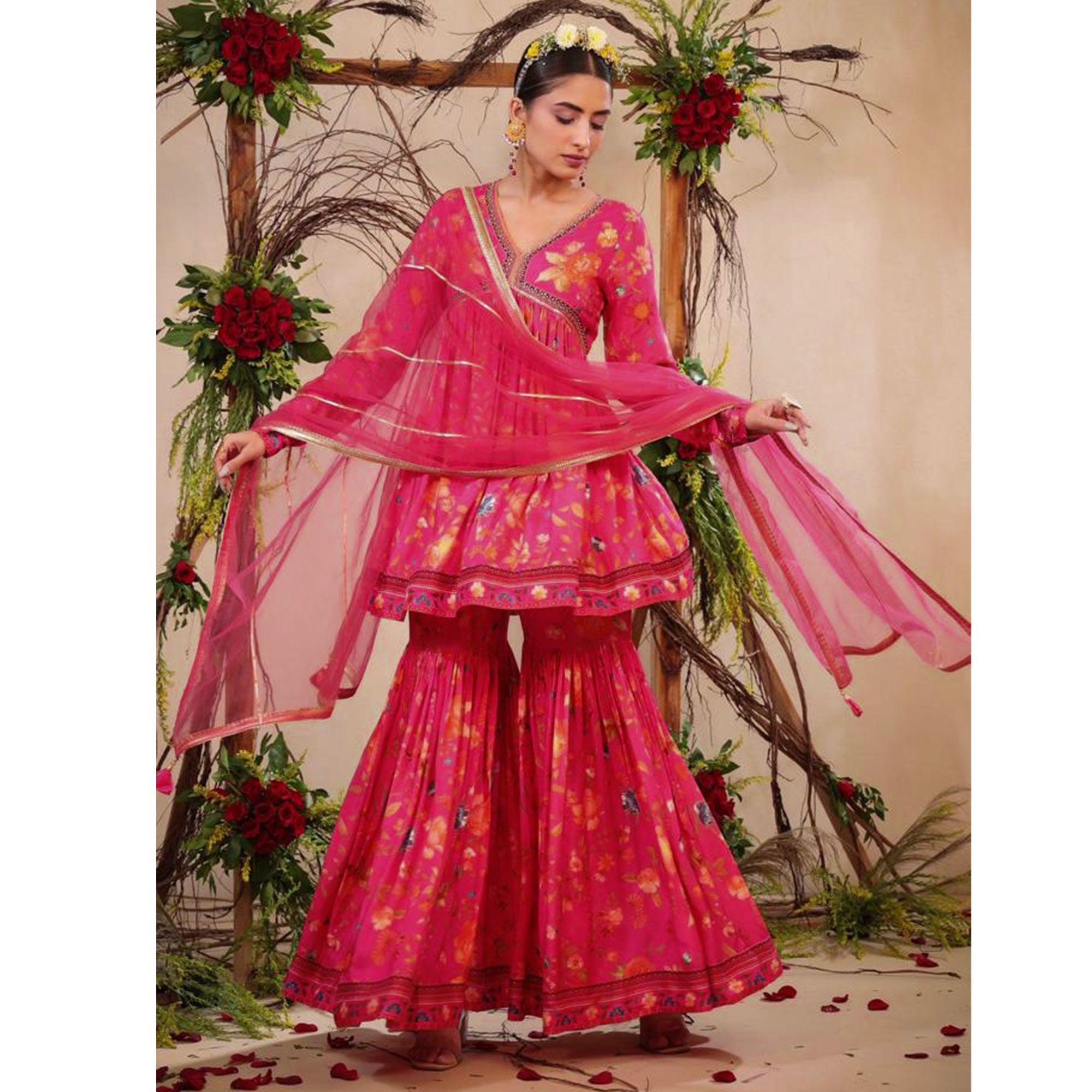 Pink Floral Printed Muslin Sharara Suit - Peachmode