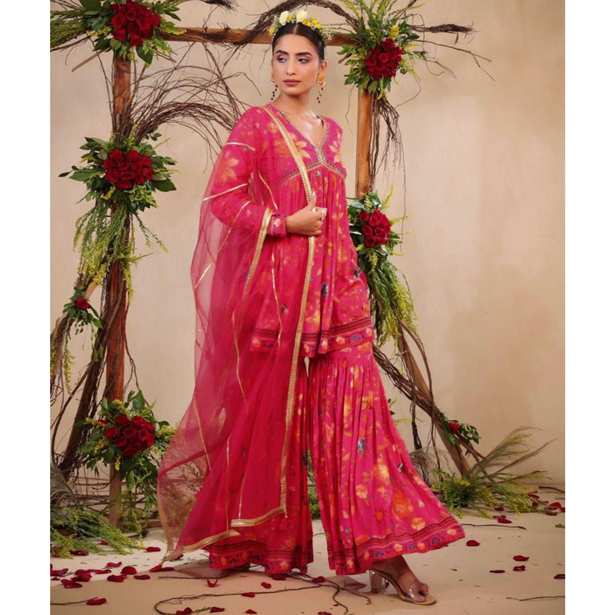 Pink Floral Printed Muslin Sharara Suit - Peachmode