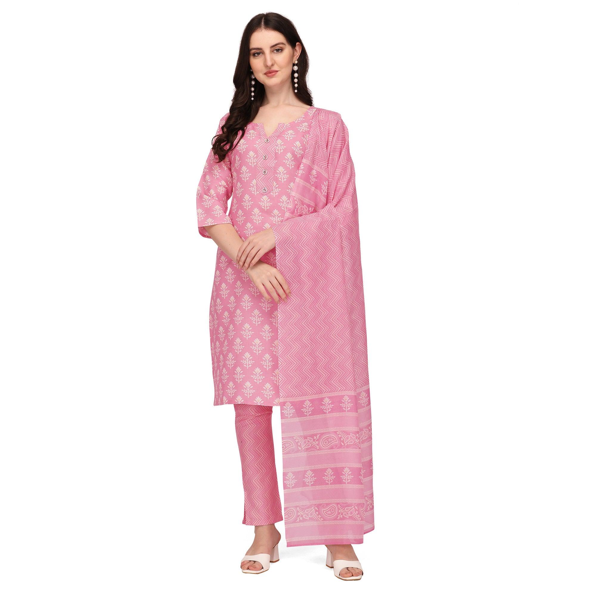 Pink Floral Printed Poly Cotton Kurti Pant Set With Dupatta - Peachmode