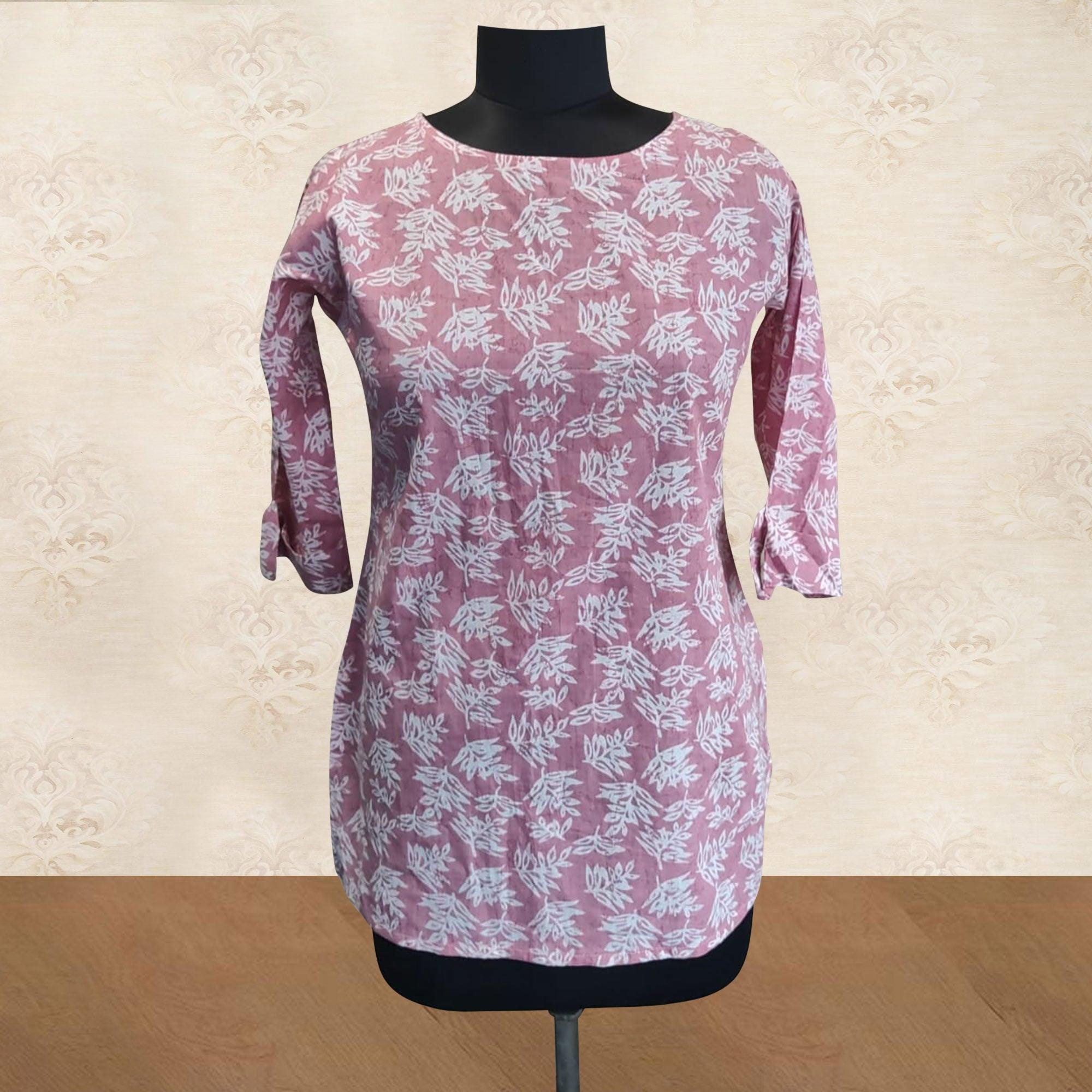 Pink Floral Printed Poly Cotton Top - Peachmode