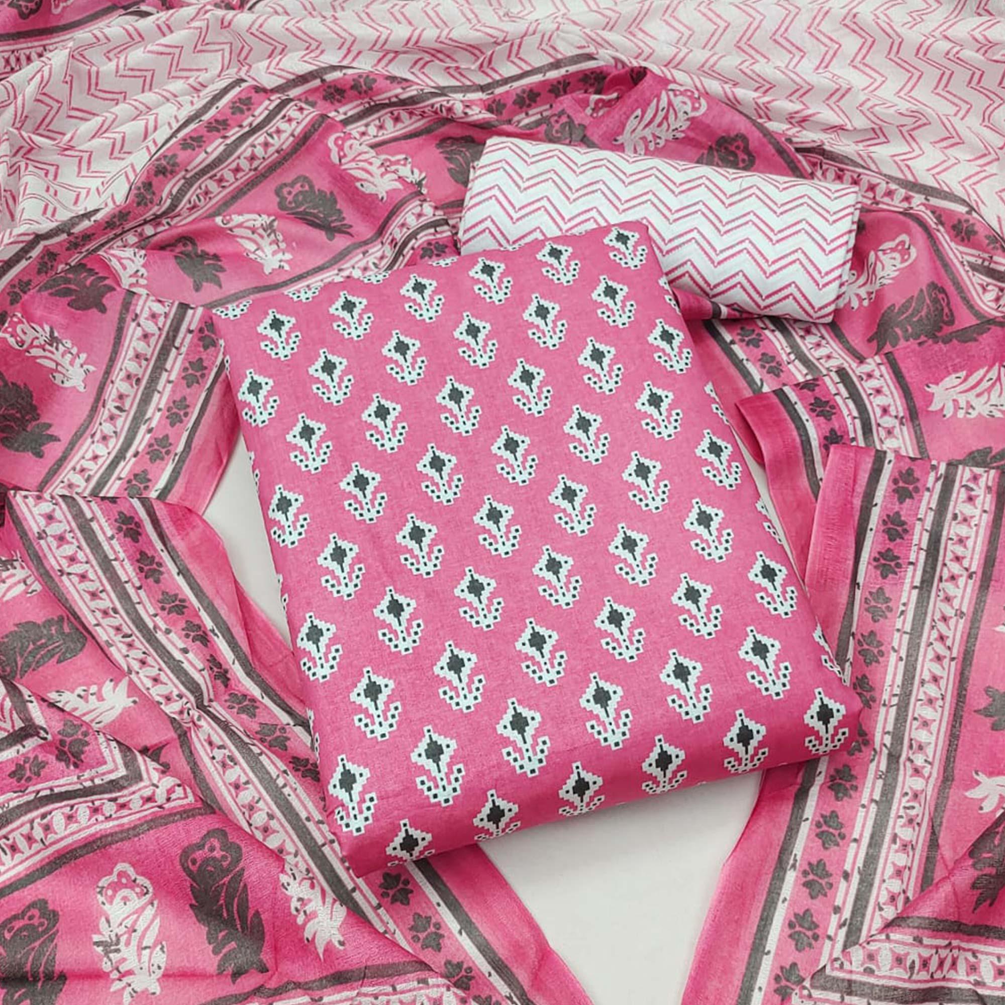 Pink Floral Printed Pure Cotton Dress Material - Peachmode