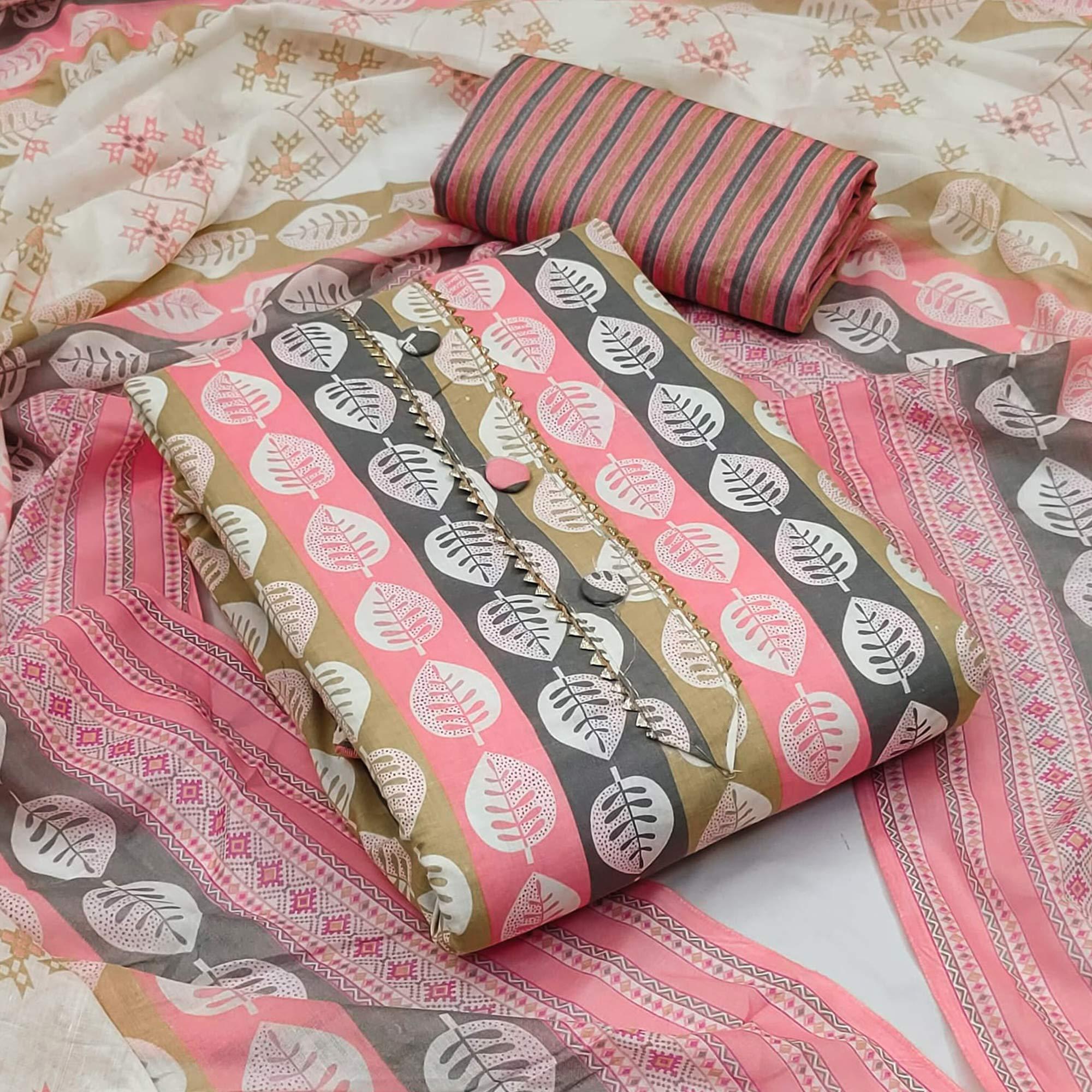Pink Floral Printed Pure Cotton Dress Material - Peachmode