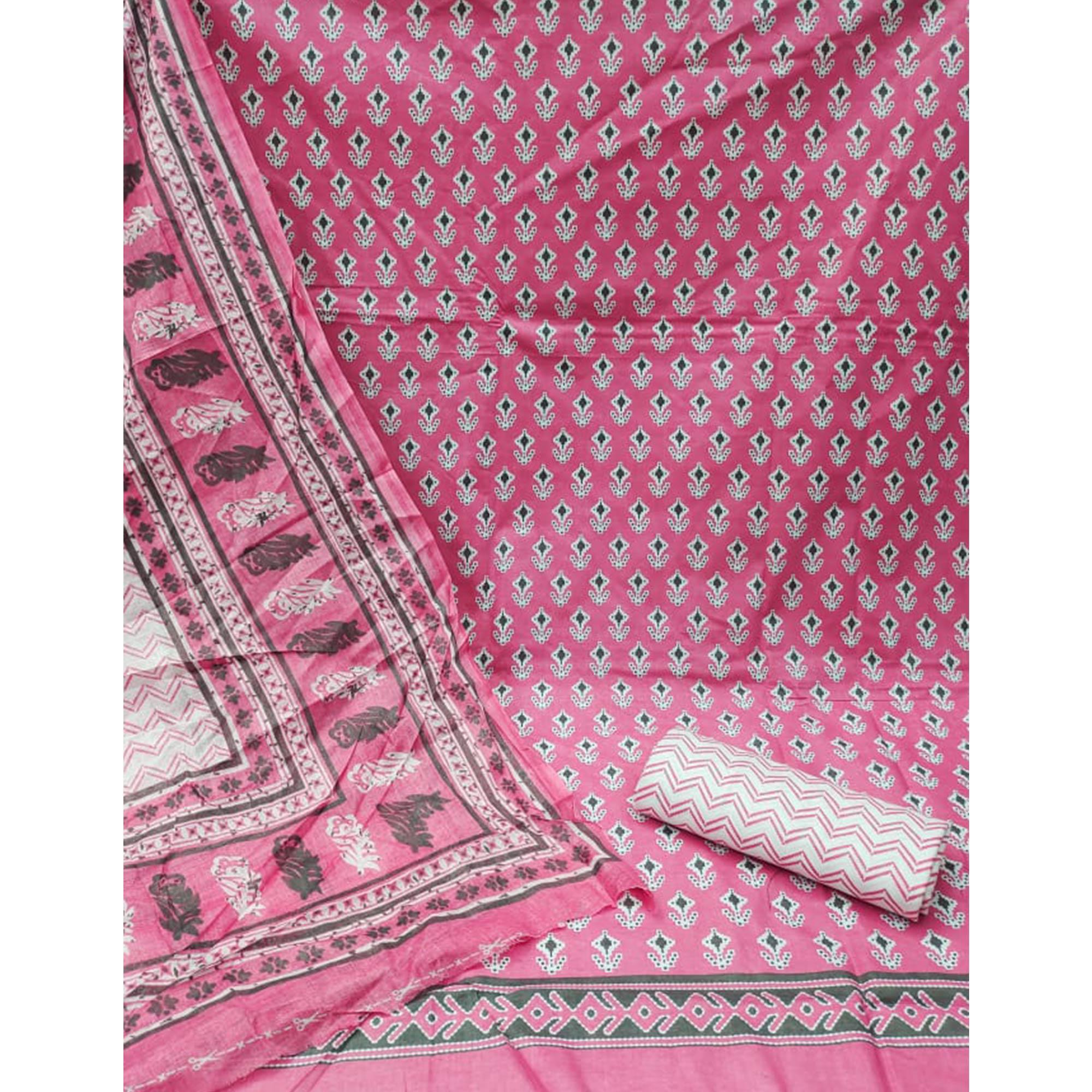 Pink Floral Printed Pure Cotton Dress Material - Peachmode