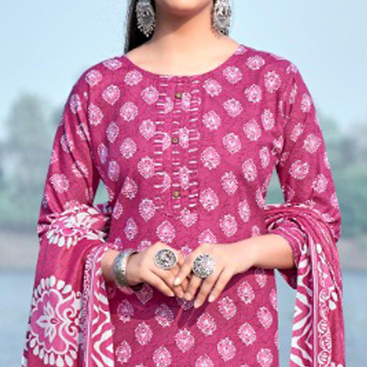 Pink Floral Printed Pure Cotton Kurti Pant Set With Dupatta - Peachmode