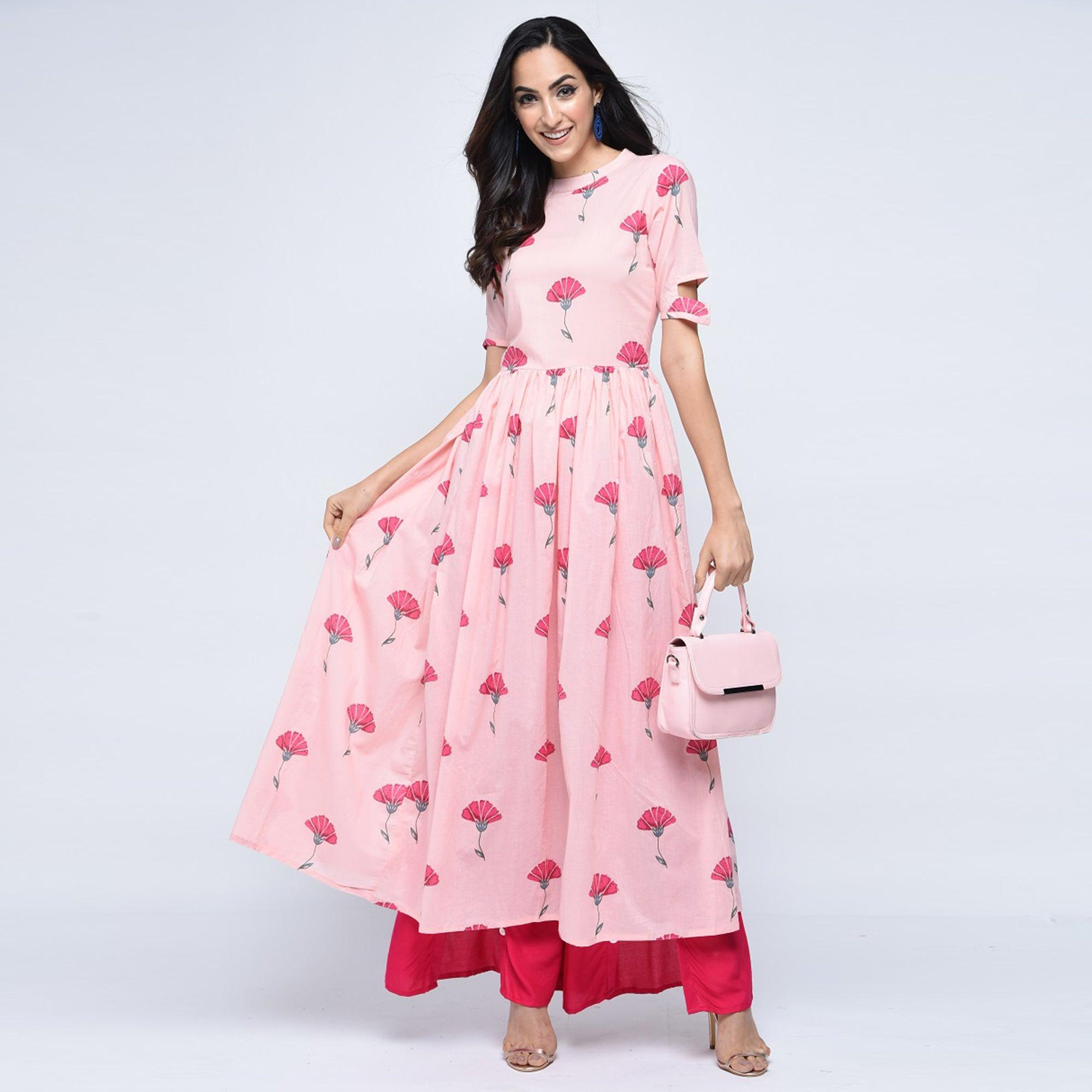 Pink Floral Printed Pure Cotton Kurti - Peachmode