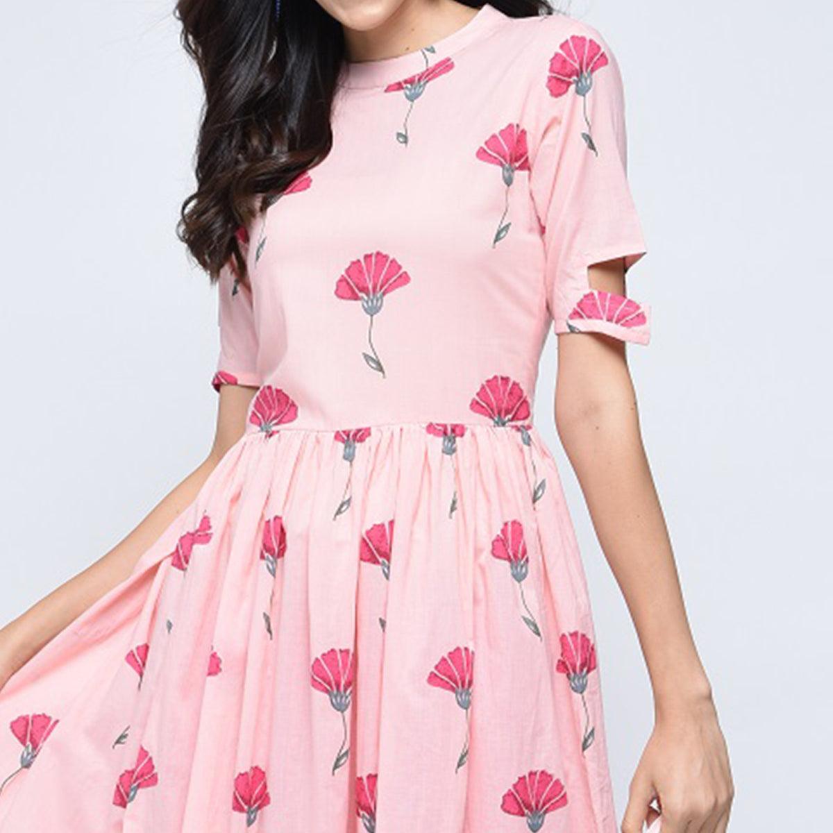Pink Floral Printed Pure Cotton Kurti - Peachmode