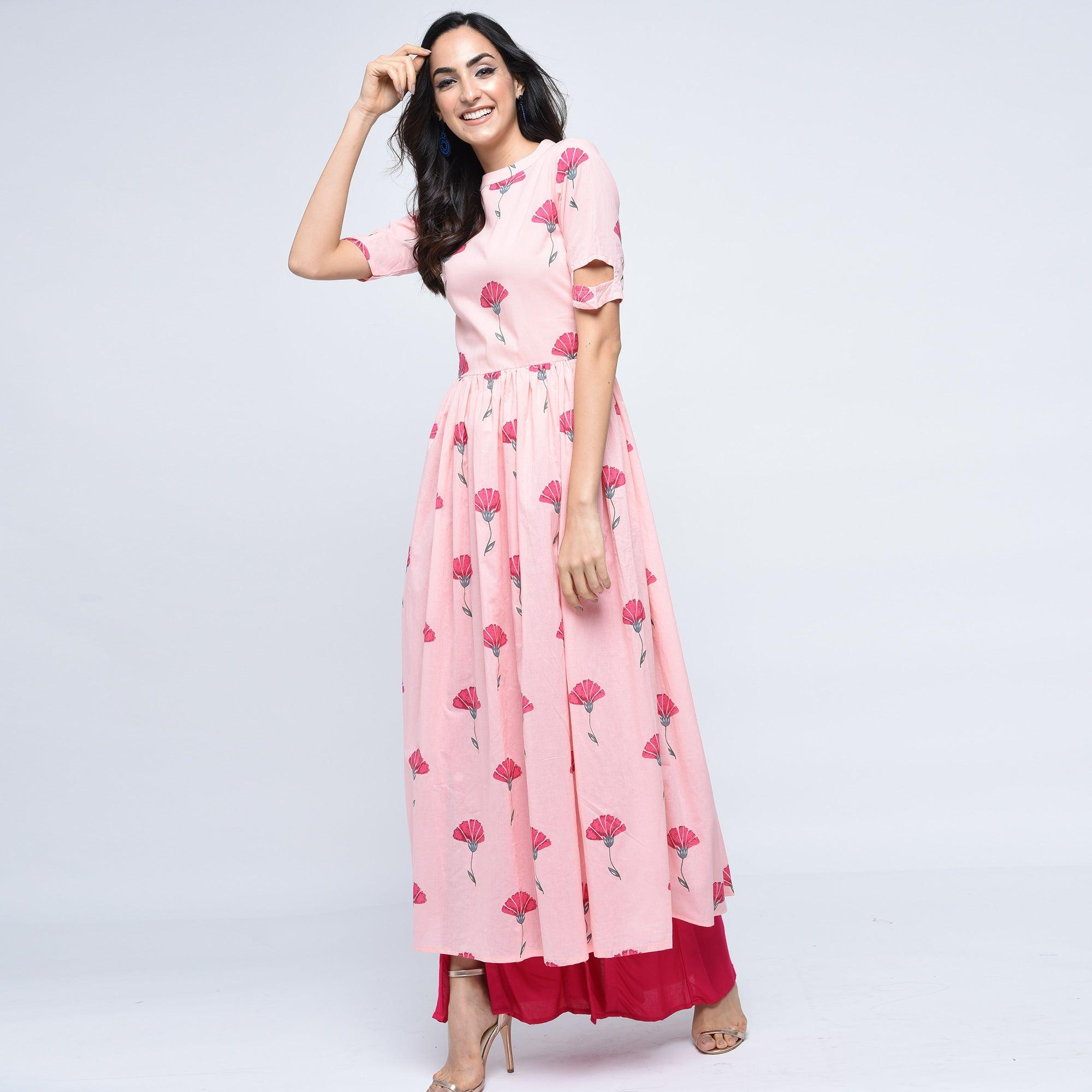 Pink Floral Printed Pure Cotton Kurti - Peachmode