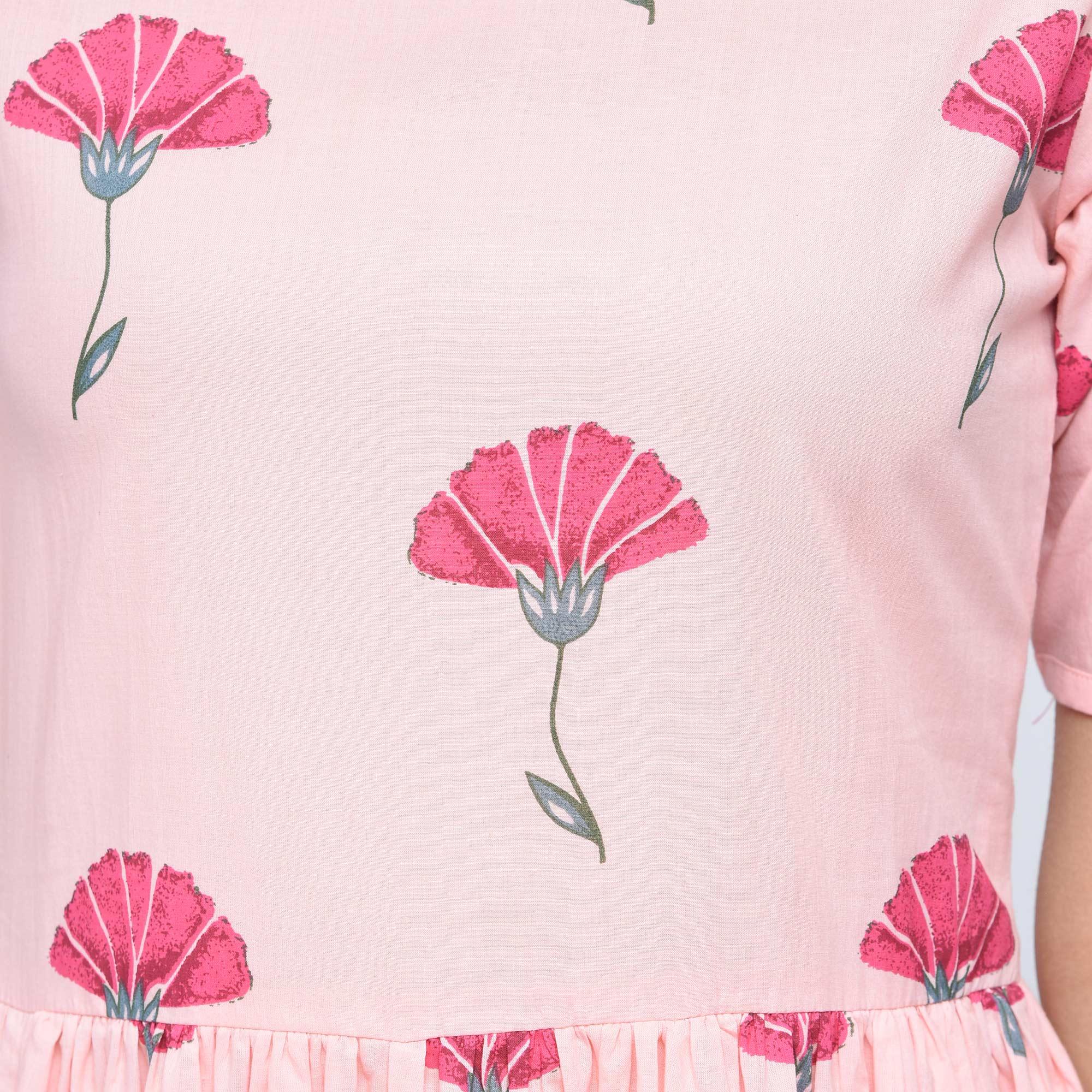 Pink Floral Printed Pure Cotton Kurti - Peachmode