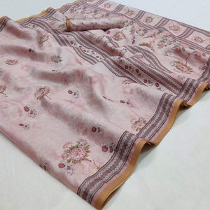 Pink Floral Printed Pure Cotton Saree - Peachmode