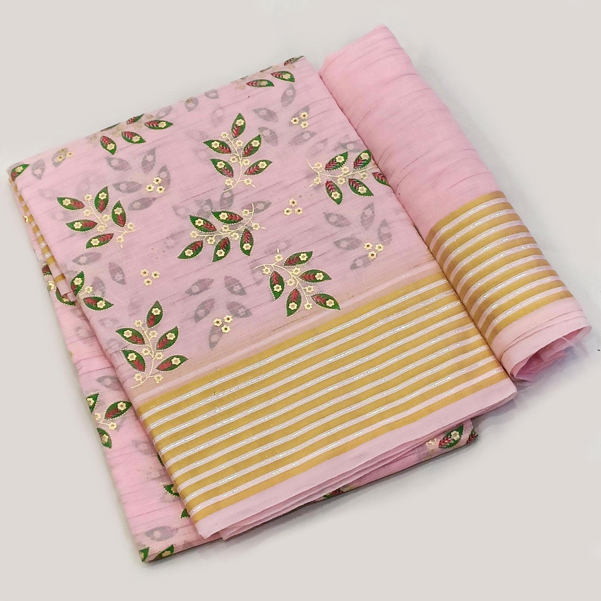Pink Floral Printed Pure Cotton Saree - Peachmode