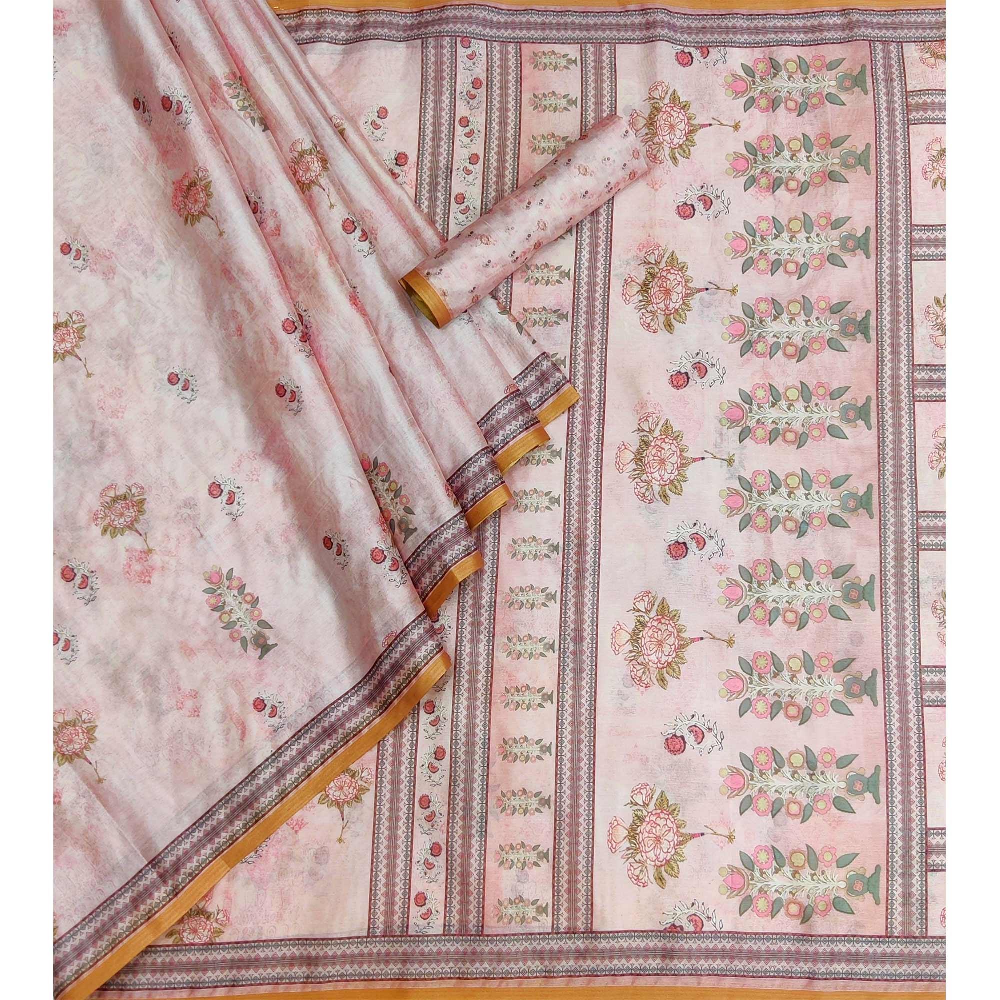 Pink Floral Printed Pure Cotton Saree - Peachmode