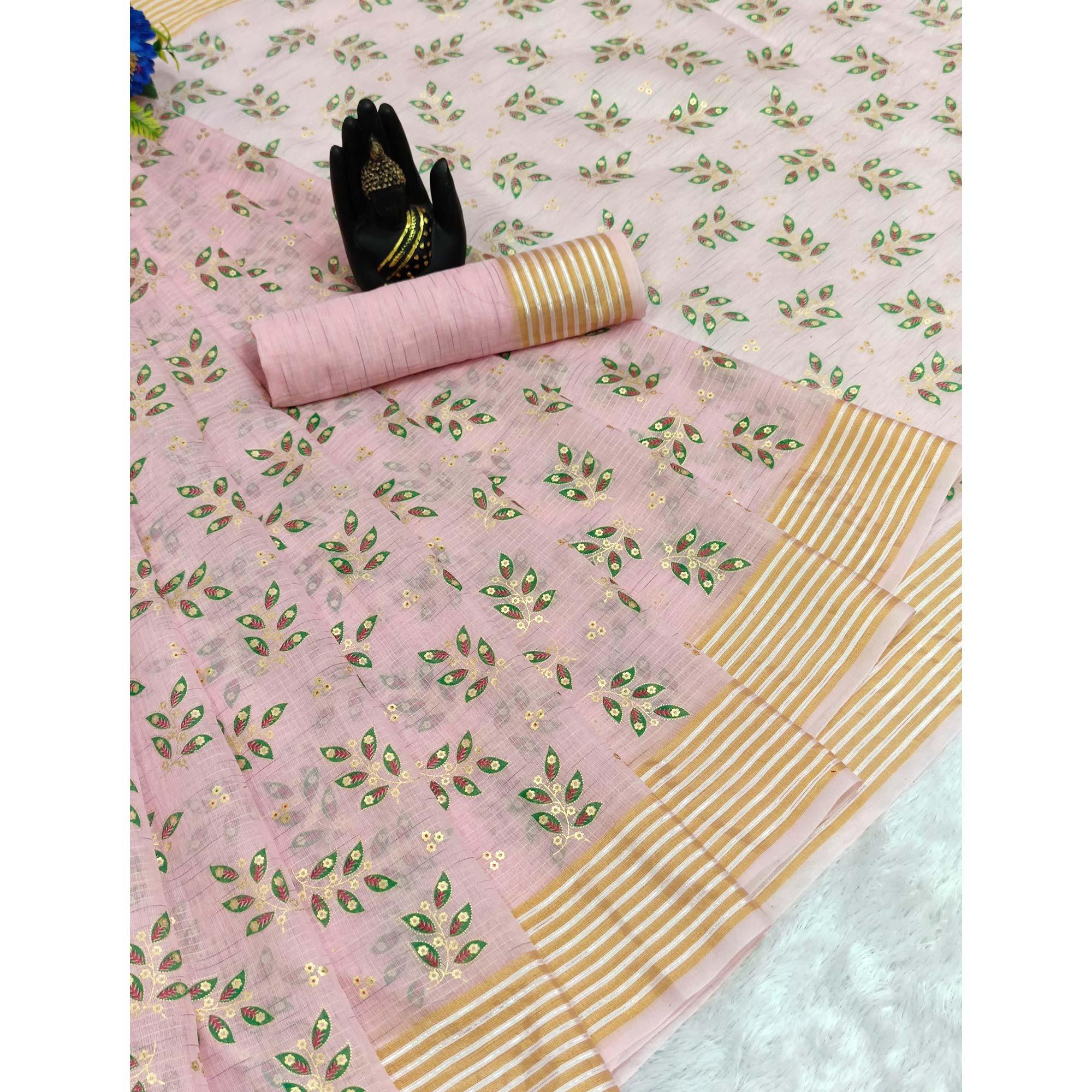 Pink Floral Printed Pure Cotton Saree - Peachmode